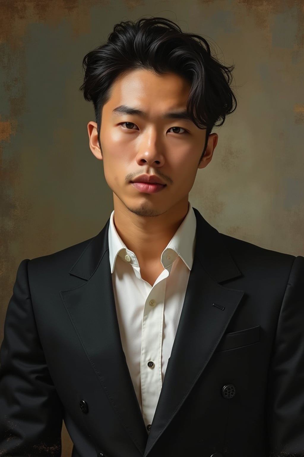 Model transformed into an oil painting portrait.  Classic pose, formal attire. Renaissance style, rich textures, artistic brushstrokes.