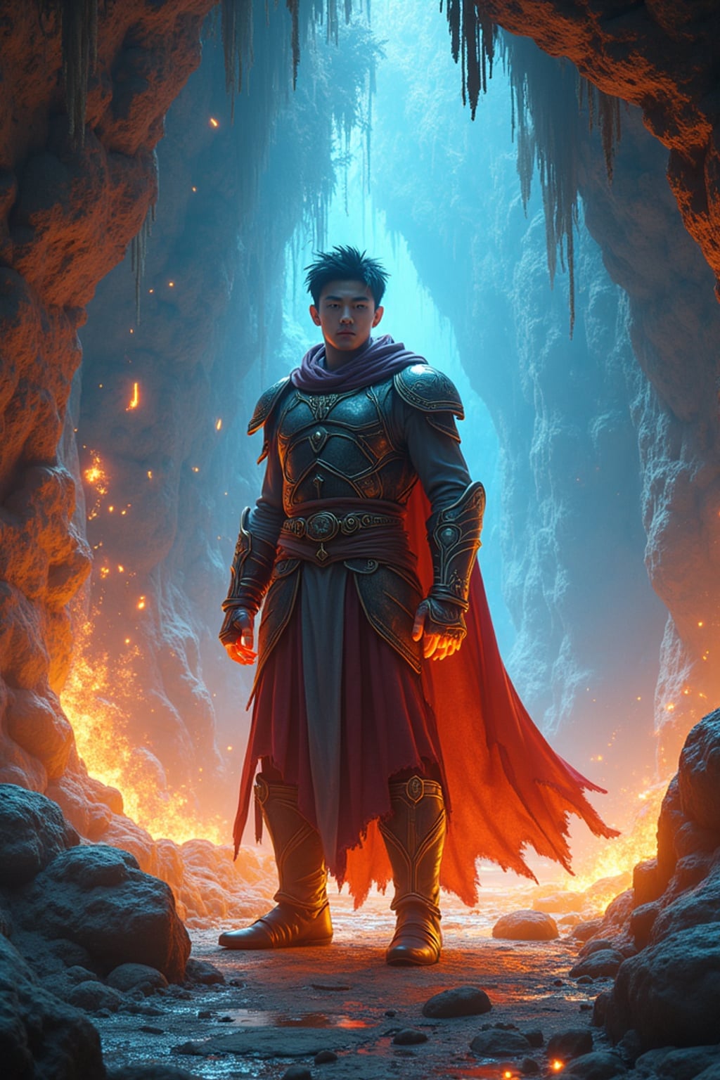 Model inside a glowing crystal cave, energy pulsing from the walls.  Wearing armored robes with enchanted gauntlets. High-fantasy tone, rich color palette, underground magic.