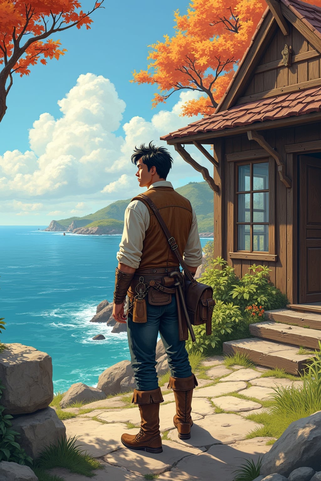 Model standing outside a wooden village by the sea.  Wearing leather vest and rugged boots, carrying tools. Coastal RPG setting, colorful trees, painterly sunlight.