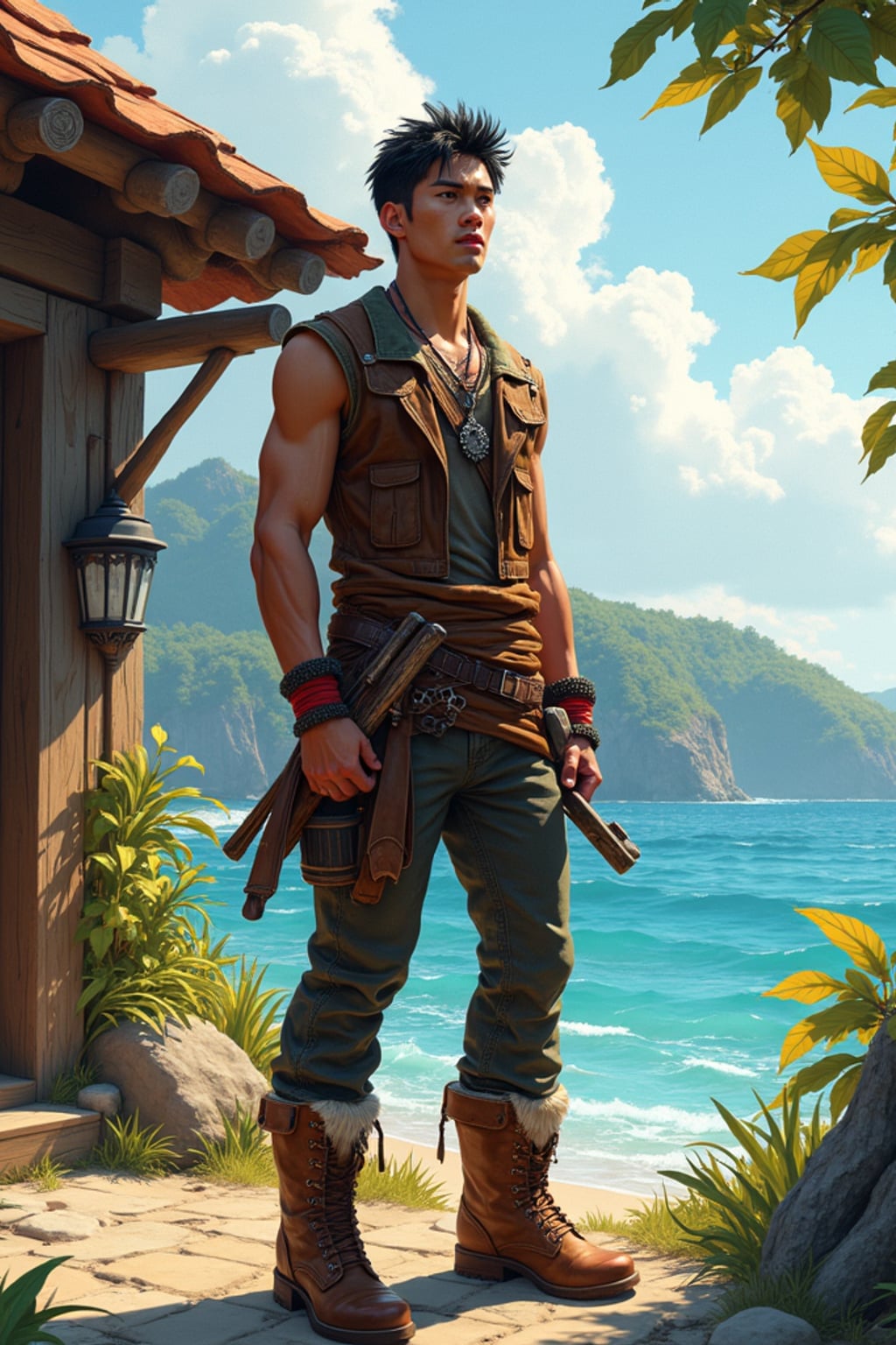 Model standing outside a wooden village by the sea.  Wearing leather vest and rugged boots, carrying tools. Coastal RPG setting, colorful trees, painterly sunlight.