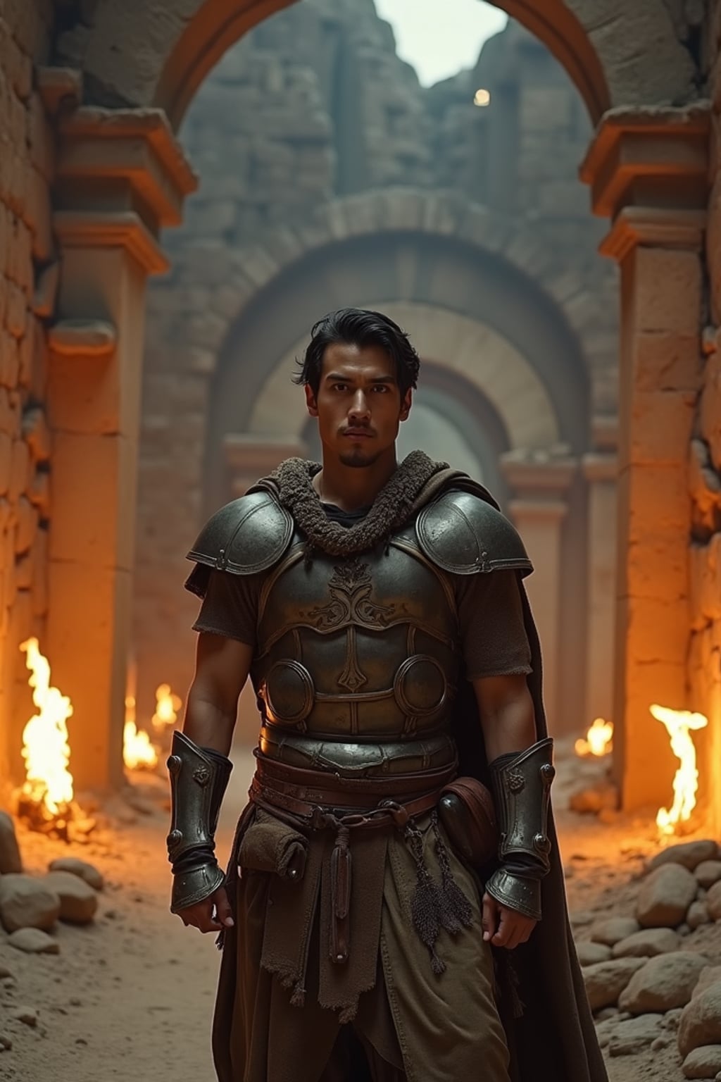 Model positioned inside a ruined stone temple lit by torches.  Wearing rugged battle tunic and weathered armor. Ancient architecture, warm glow, fantasy ruin atmosphere.