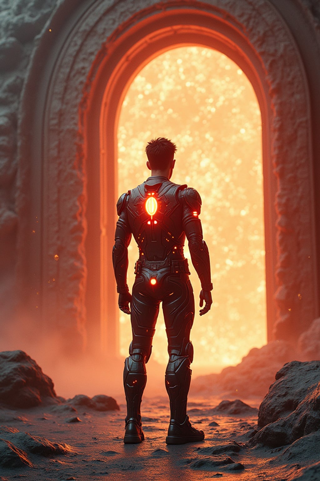 Model standing at the entrance of a glowing alien reactor base.  Wearing an armored exo-suit with glowing core. Sci-fi terrain, cinematic lighting, ultra-detailed tech base, 3D render style.