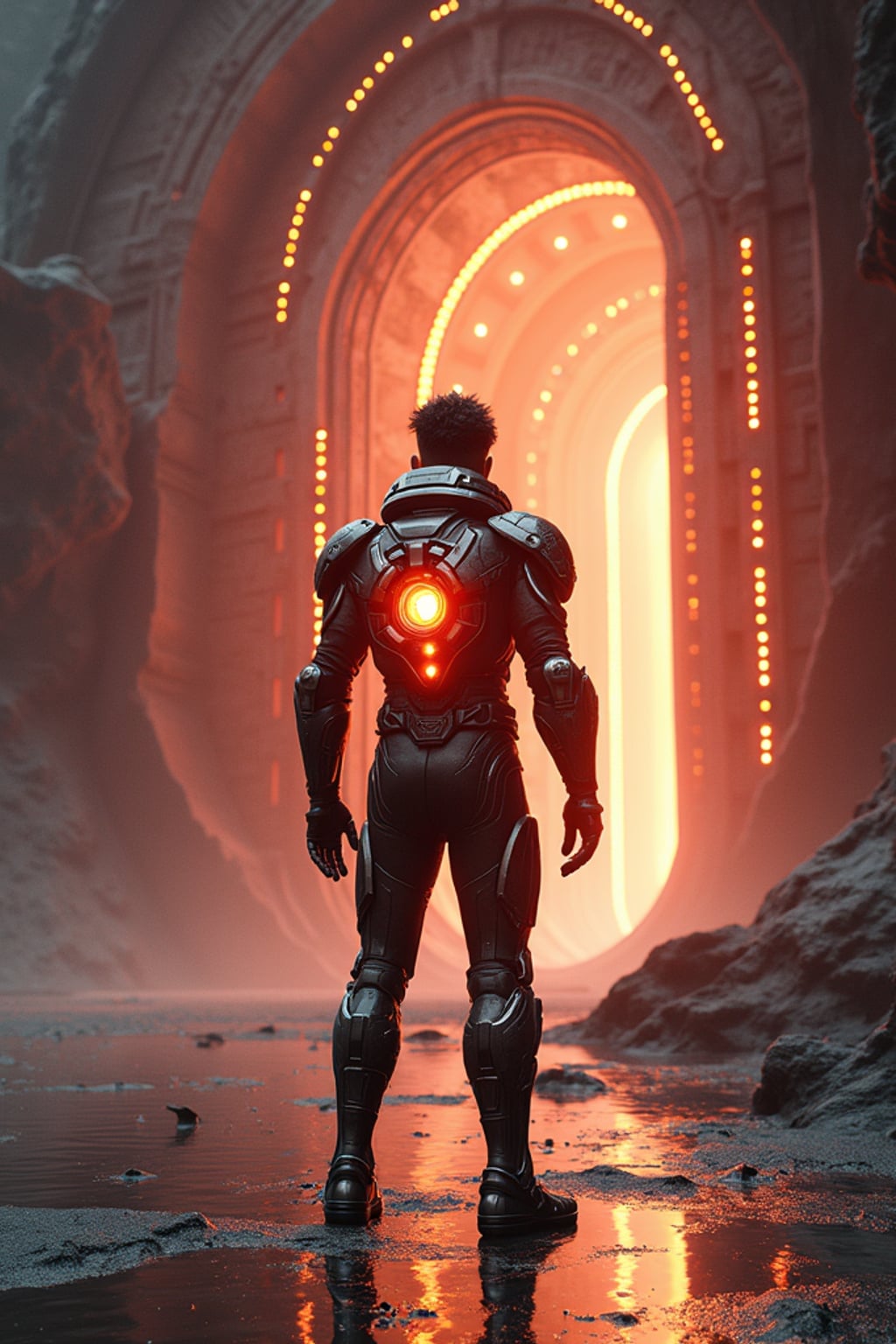 Model standing at the entrance of a glowing alien reactor base.  Wearing an armored exo-suit with glowing core. Sci-fi terrain, cinematic lighting, ultra-detailed tech base, 3D render style.