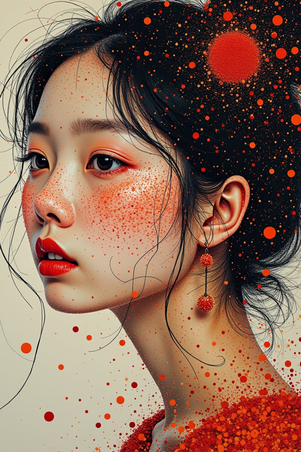 Model transformed into a pointillist painting. Dotted texture, vibrant colors . Seurat-inspired style.