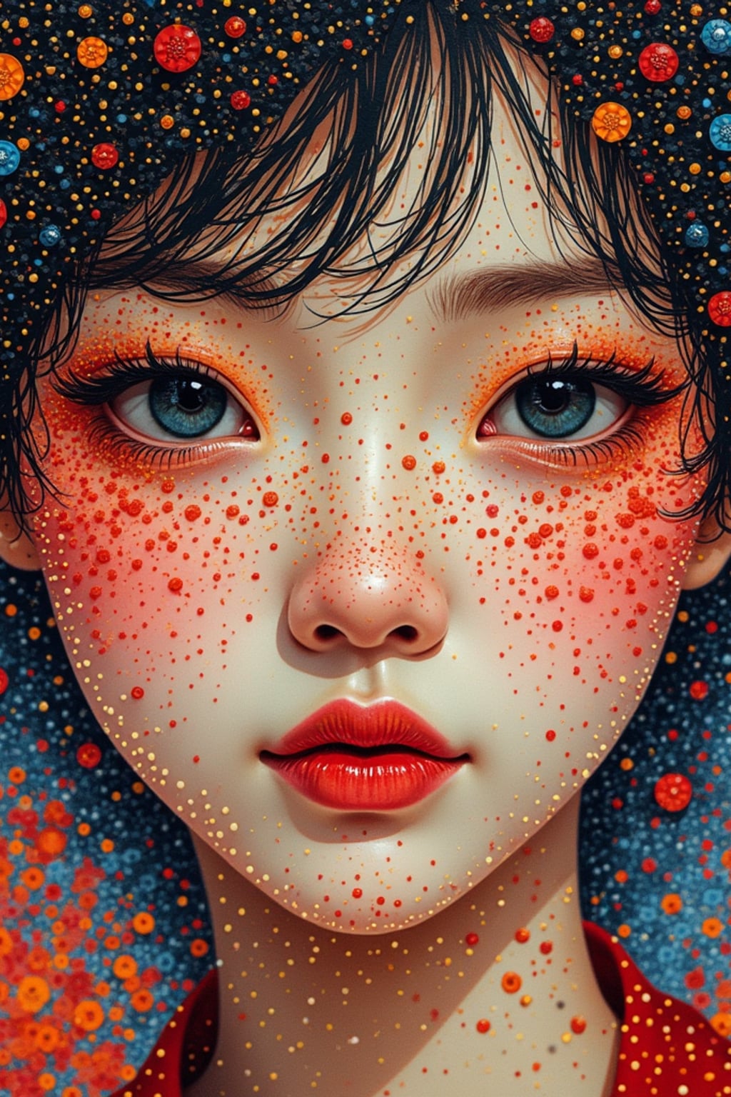 Model transformed into a pointillist painting. Dotted texture, vibrant colors . Seurat-inspired style.