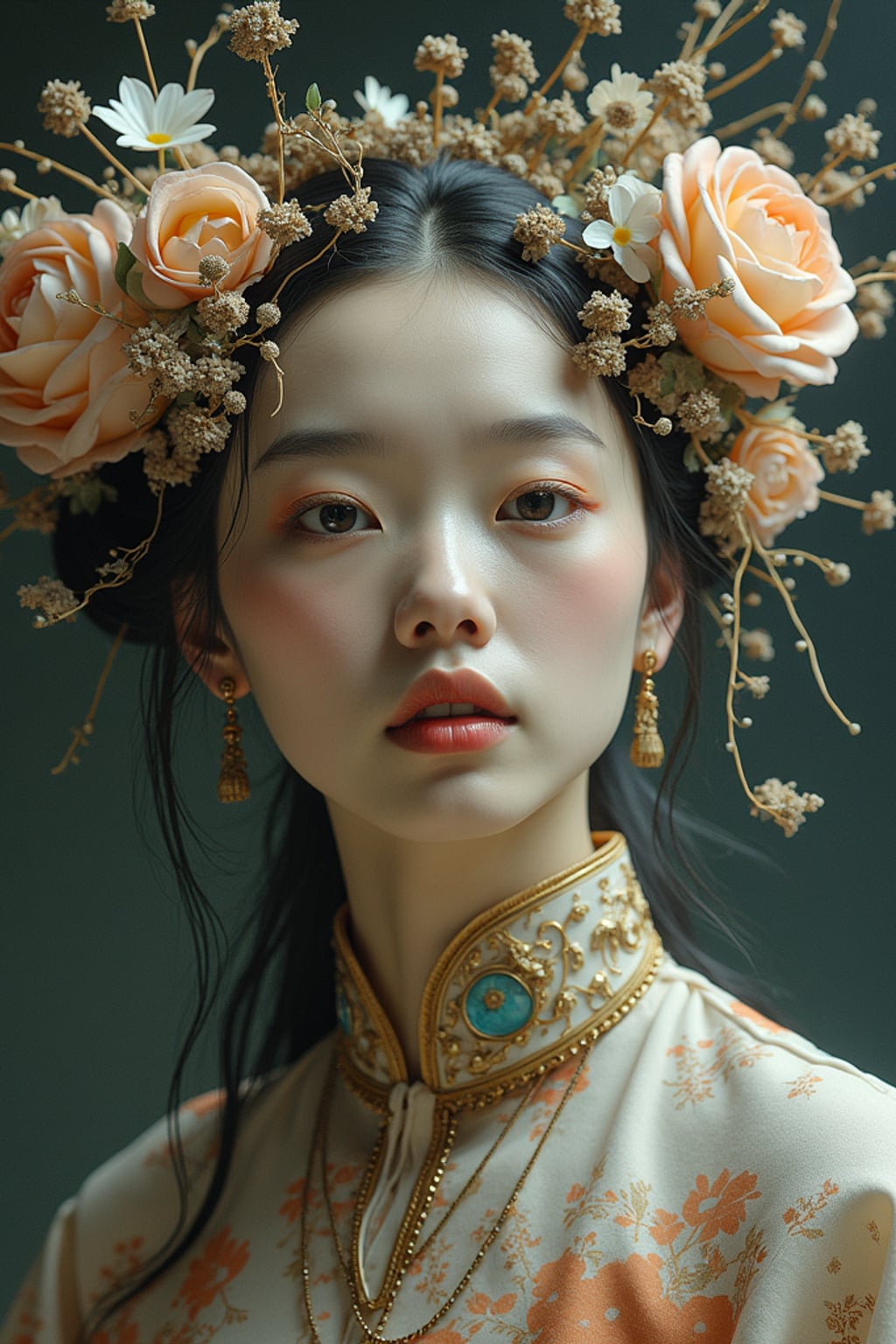 Model as a surrealist art portrait. Dreamlike elements, floating objects . Dali-inspired style.