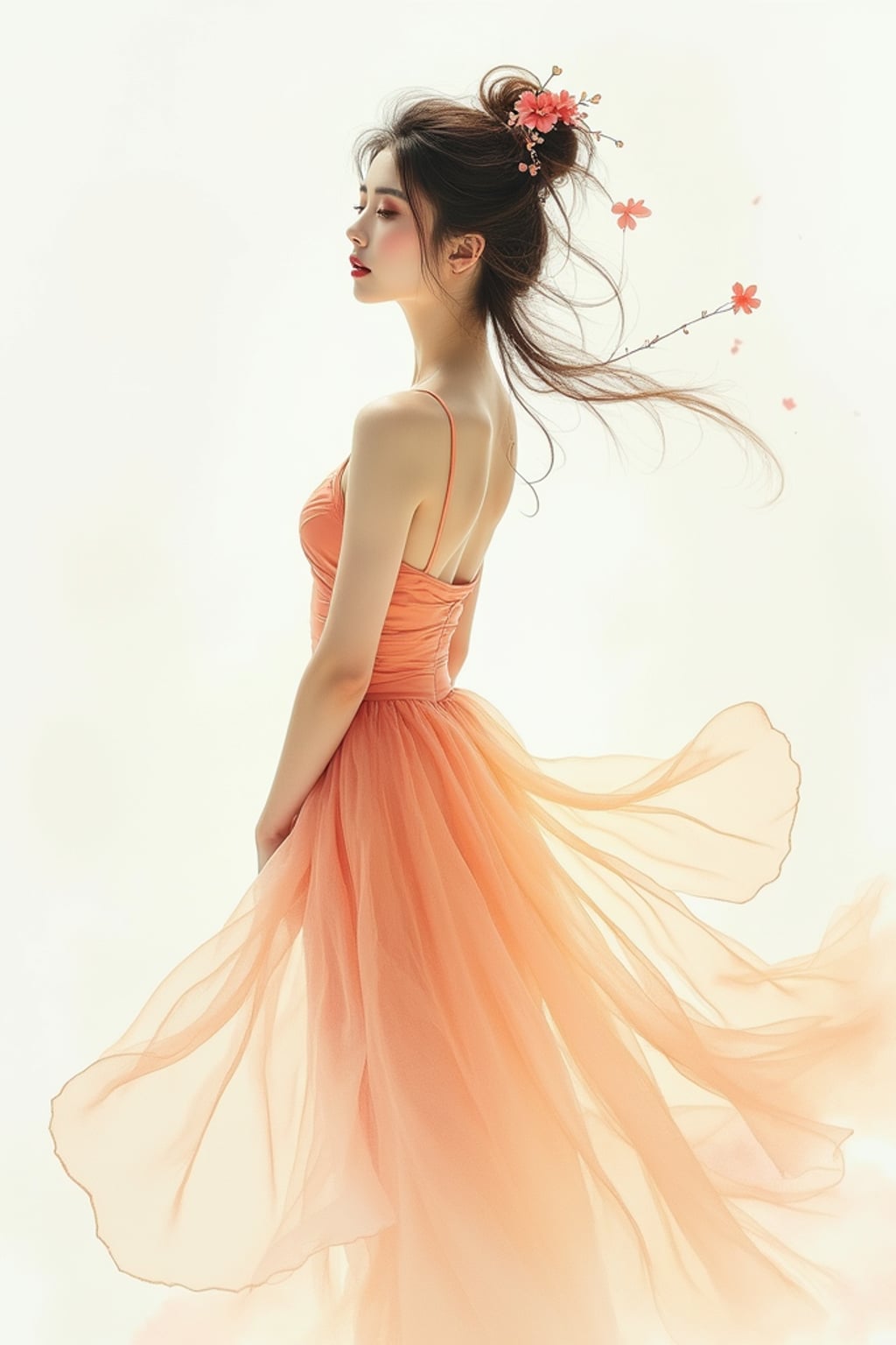 Full body artistic portrait of woman as a watercolor painting. Graceful pose, soft flowing colors . Delicate brushwork, ethereal quality.