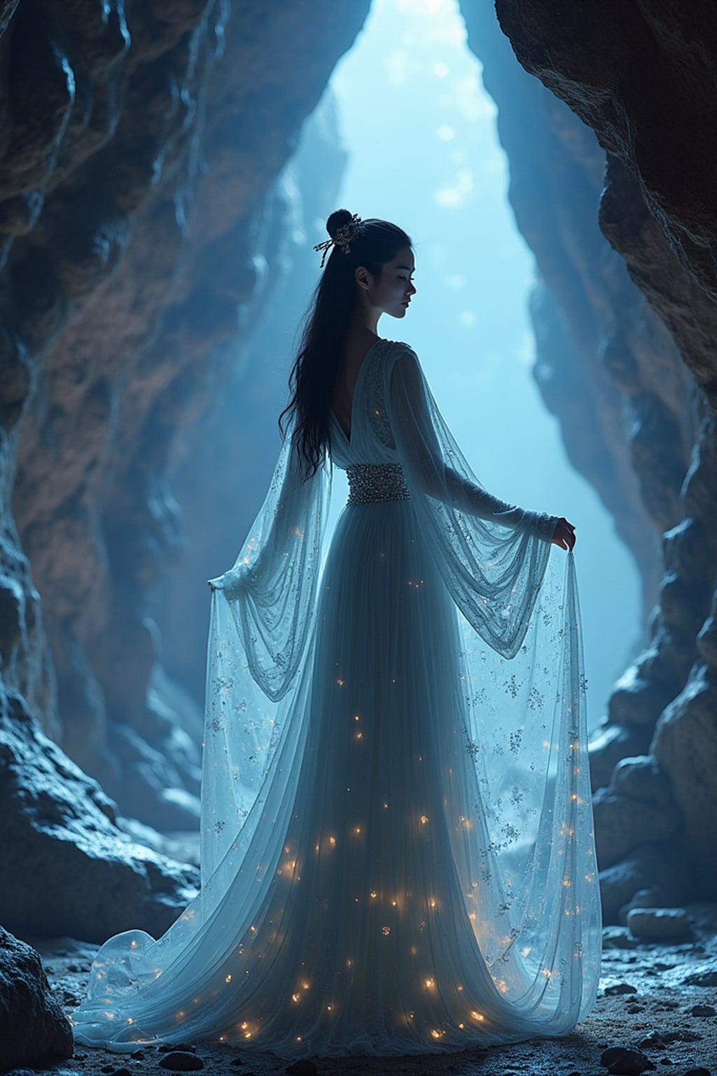 Model inside a glowing crystal cave, energy pulsing from the walls. Wearing magical robes with floating ornaments . High-fantasy tone, rich color palette, underground magic.