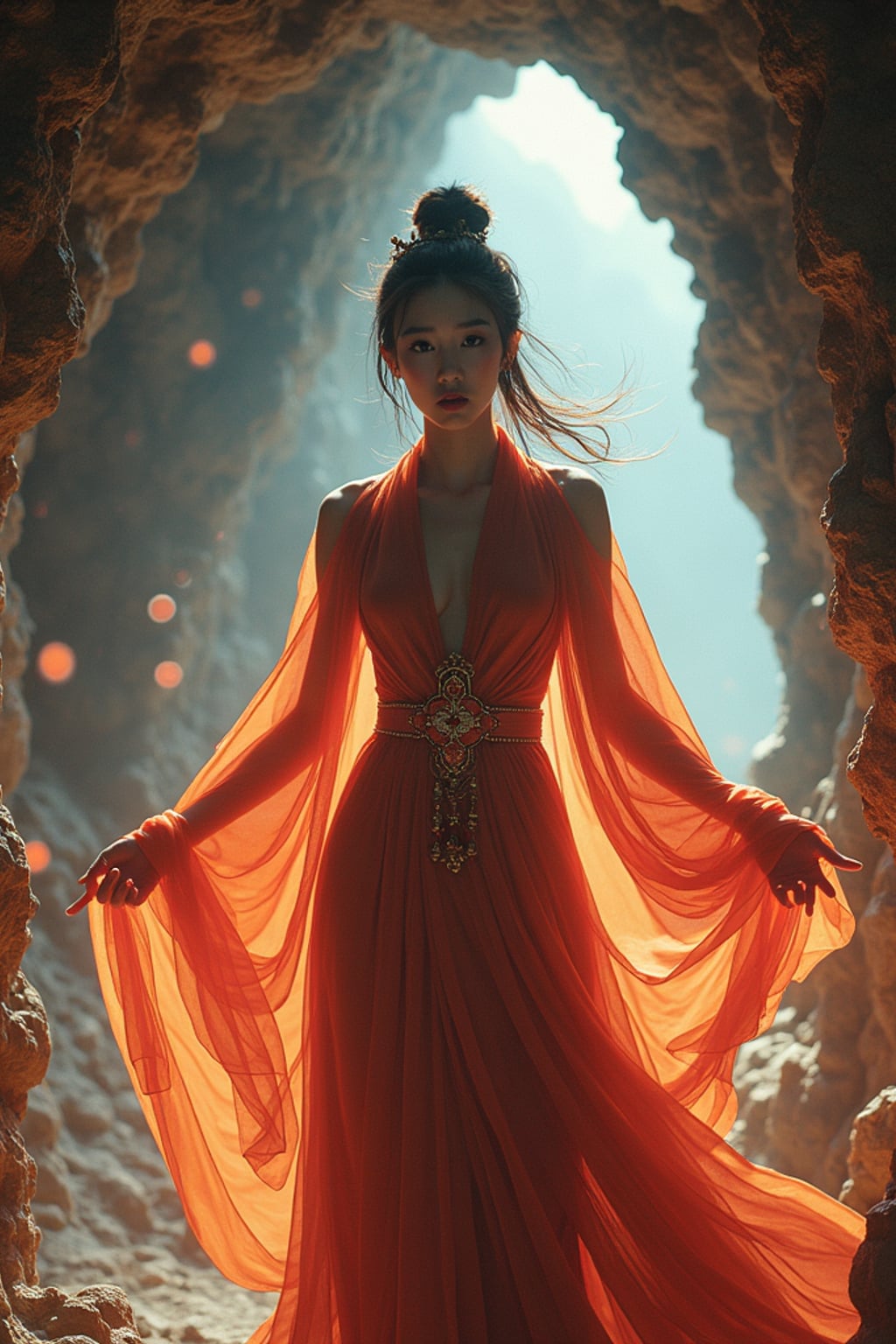 Model inside a glowing crystal cave, energy pulsing from the walls. Wearing magical robes with floating ornaments . High-fantasy tone, rich color palette, underground magic.