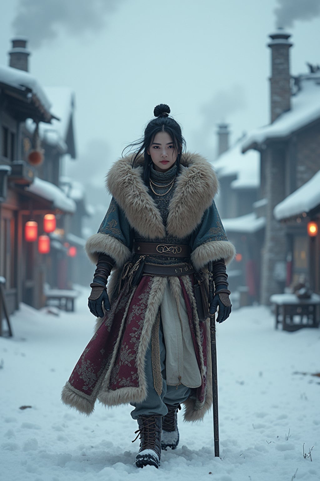 Model walking through a snowy outpost village with smoke rising from chimneys. Wearing a thick fur cloak, winter warrior outfit . Snowy environment, warm firelight, RPG town setting.
