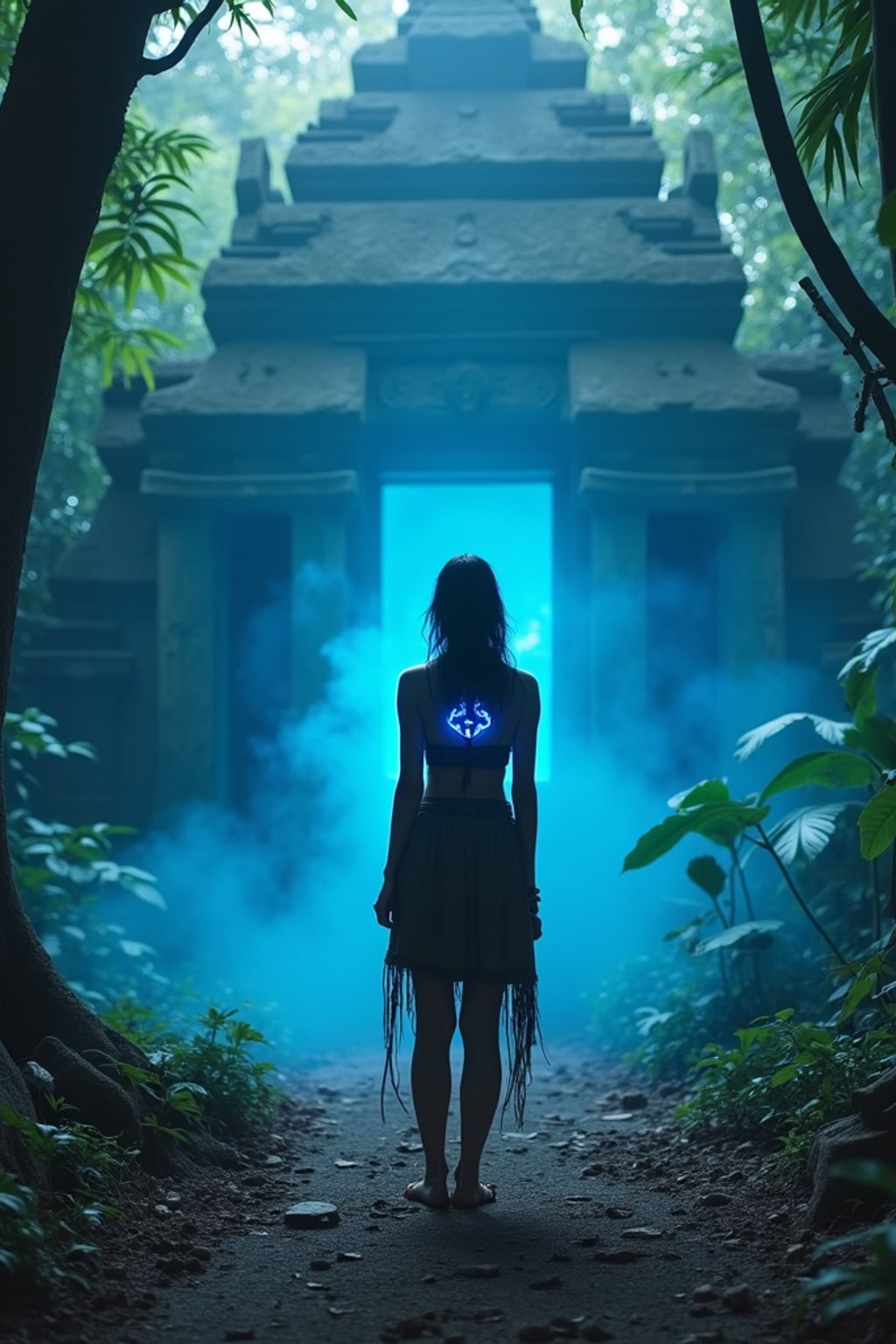 Model standing before an ancient jungle temple glowing with blue energy. Wearing tribal explorer gear, short cloak, glowing necklace . Overgrown ruins, tropical light shafts, mystical vibe.