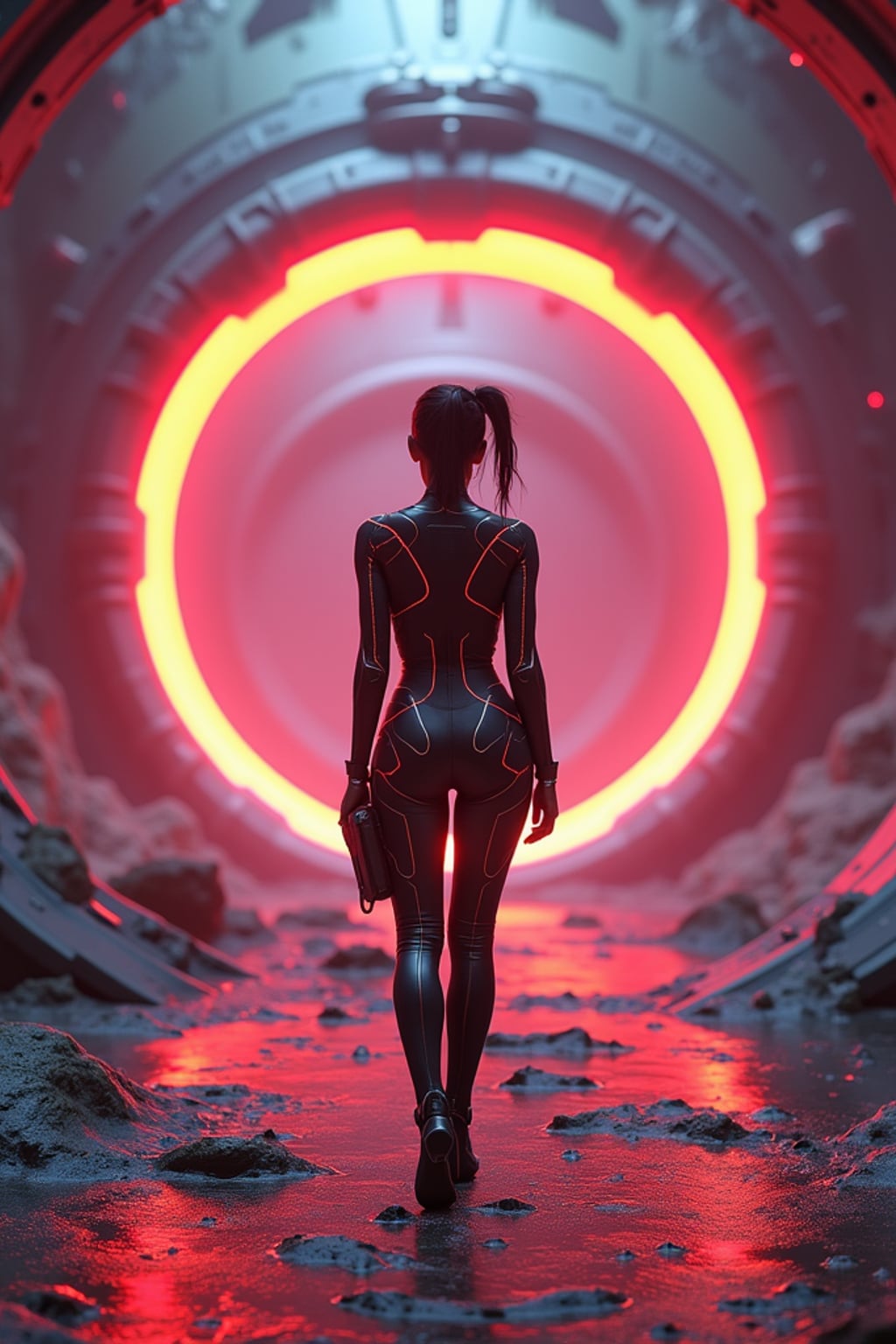 Model standing at the entrance of a glowing alien reactor base. Wearing a sleek tactical bodysuit with neon accents . Sci-fi terrain, cinematic lighting, ultra-detailed tech base, 3D render style.