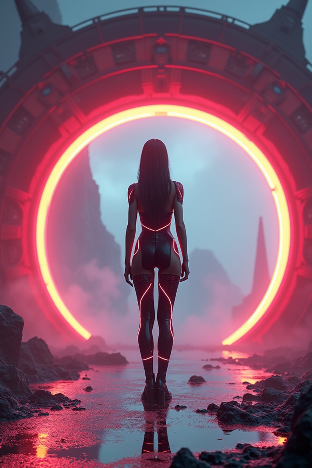 Model standing at the entrance of a glowing alien reactor base. Wearing a sleek tactical bodysuit with neon accents . Sci-fi terrain, cinematic lighting, ultra-detailed tech base, 3D render style.