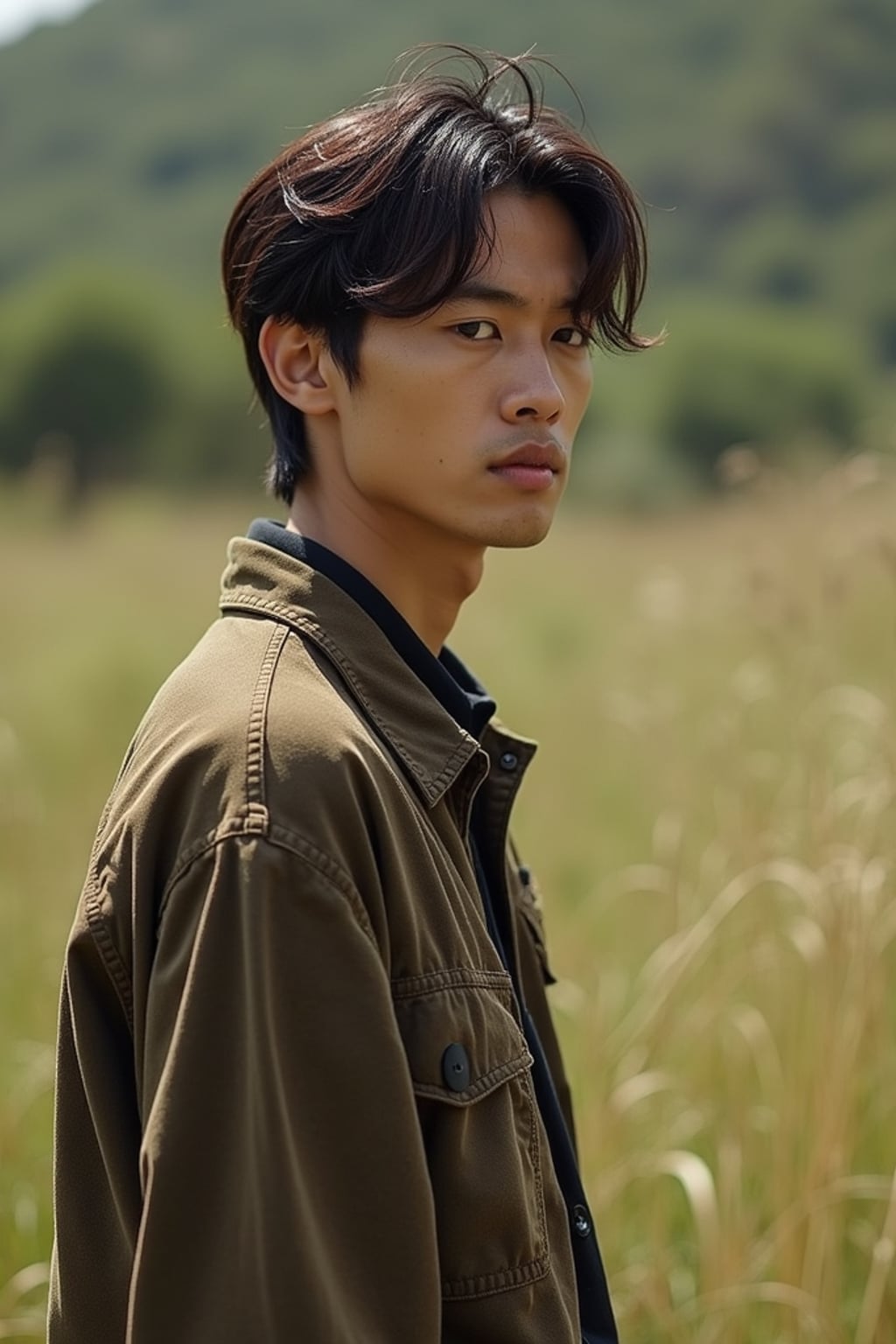 insanely beautiful man in a sustainable fashion campaign.  Wearing sustainable high fashion, mindful stance. Natural setting, eco-fashion photography.