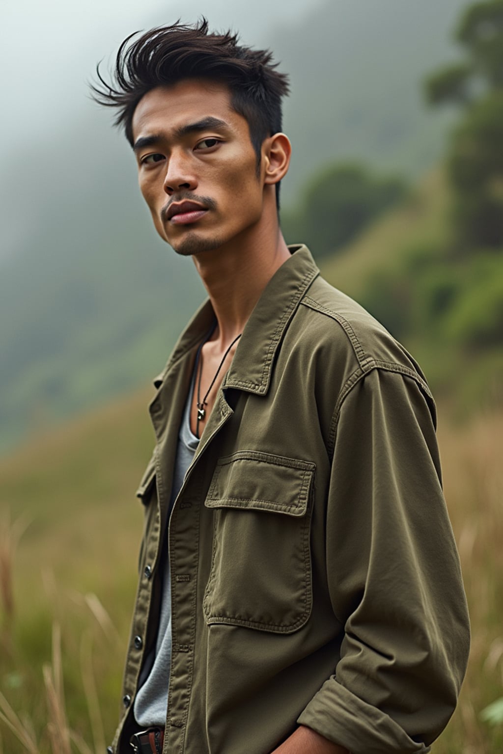 insanely beautiful man in a sustainable fashion campaign.  Wearing sustainable high fashion, mindful stance. Natural setting, eco-fashion photography.