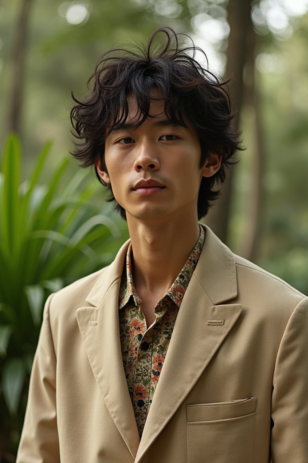insanely beautiful man in a sustainable fashion campaign.  Wearing sustainable high fashion, mindful stance. Natural setting, eco-fashion photography.