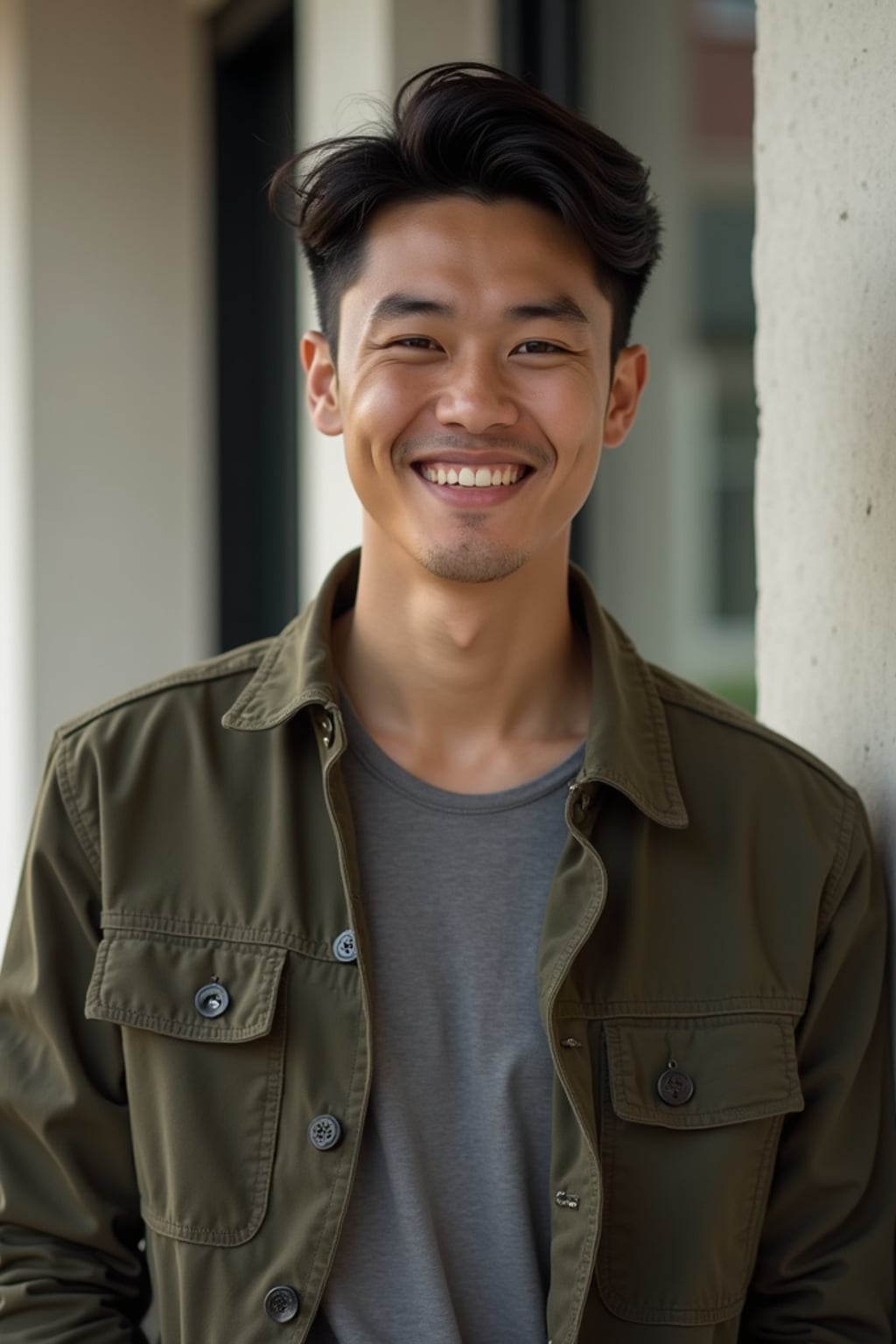 Commercial insanely beautiful man in a lifestyle setting.  Wearing premium casual wear, relaxed insanely beautiful man expression. Natural lighting, commercial photography style.