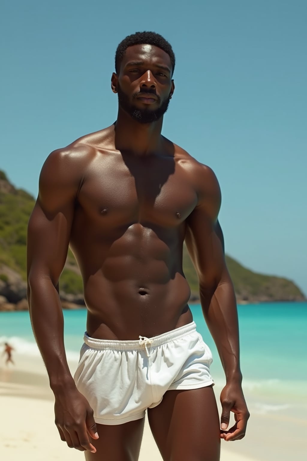insanely beautiful man in a swimwear editorial.  Wearing premium swim trunks, confident stance. Tropical setting, fashion photography.