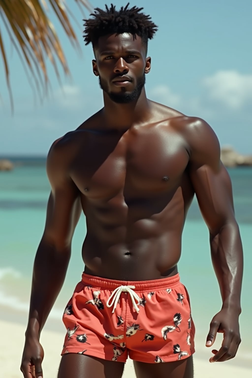 insanely beautiful man in a swimwear editorial.  Wearing premium swim trunks, confident stance. Tropical setting, fashion photography.