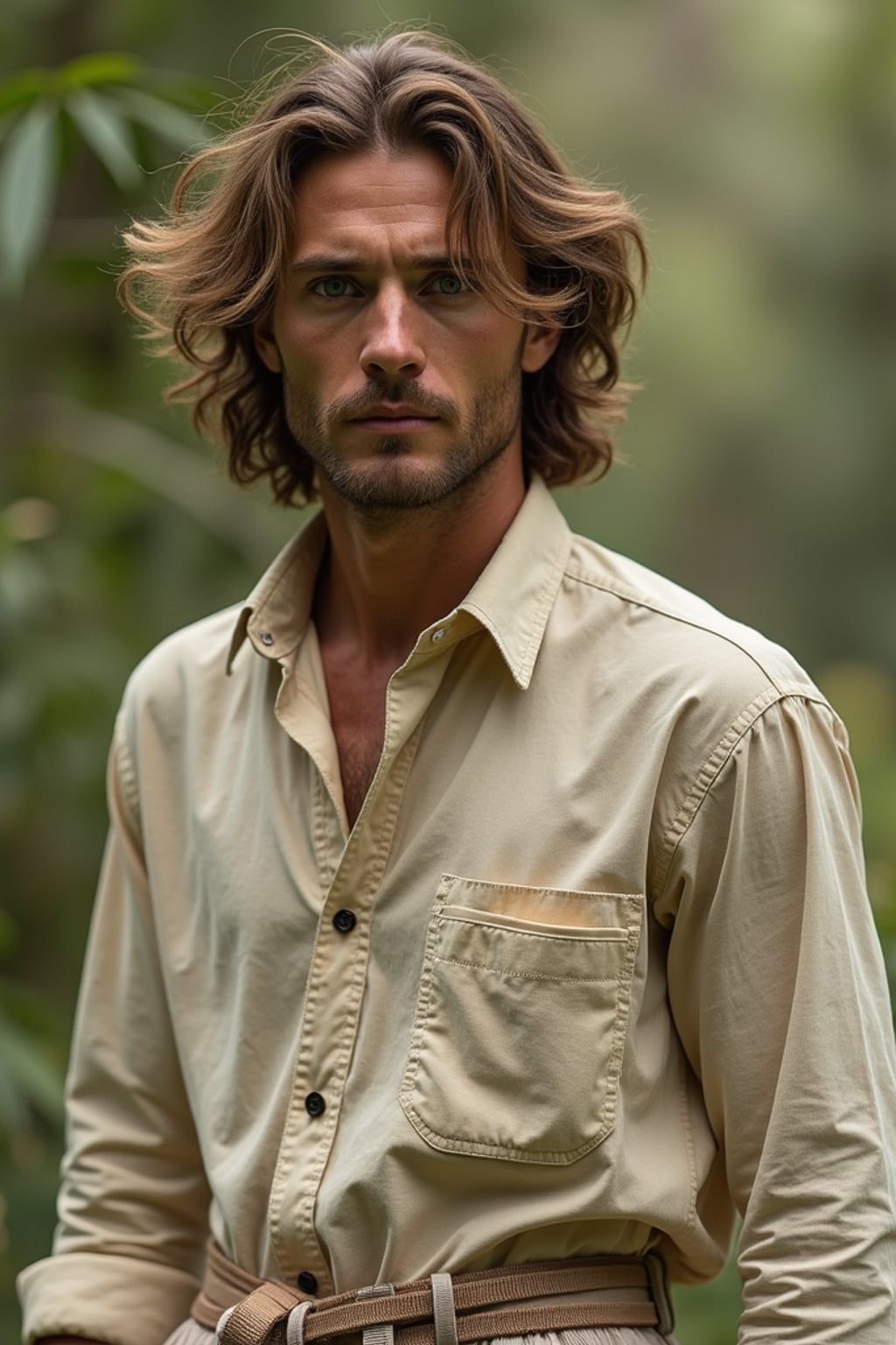 insanely beautiful man in a sustainable fashion campaign.  Wearing sustainable high fashion, mindful stance. Natural setting, eco-fashion photography.