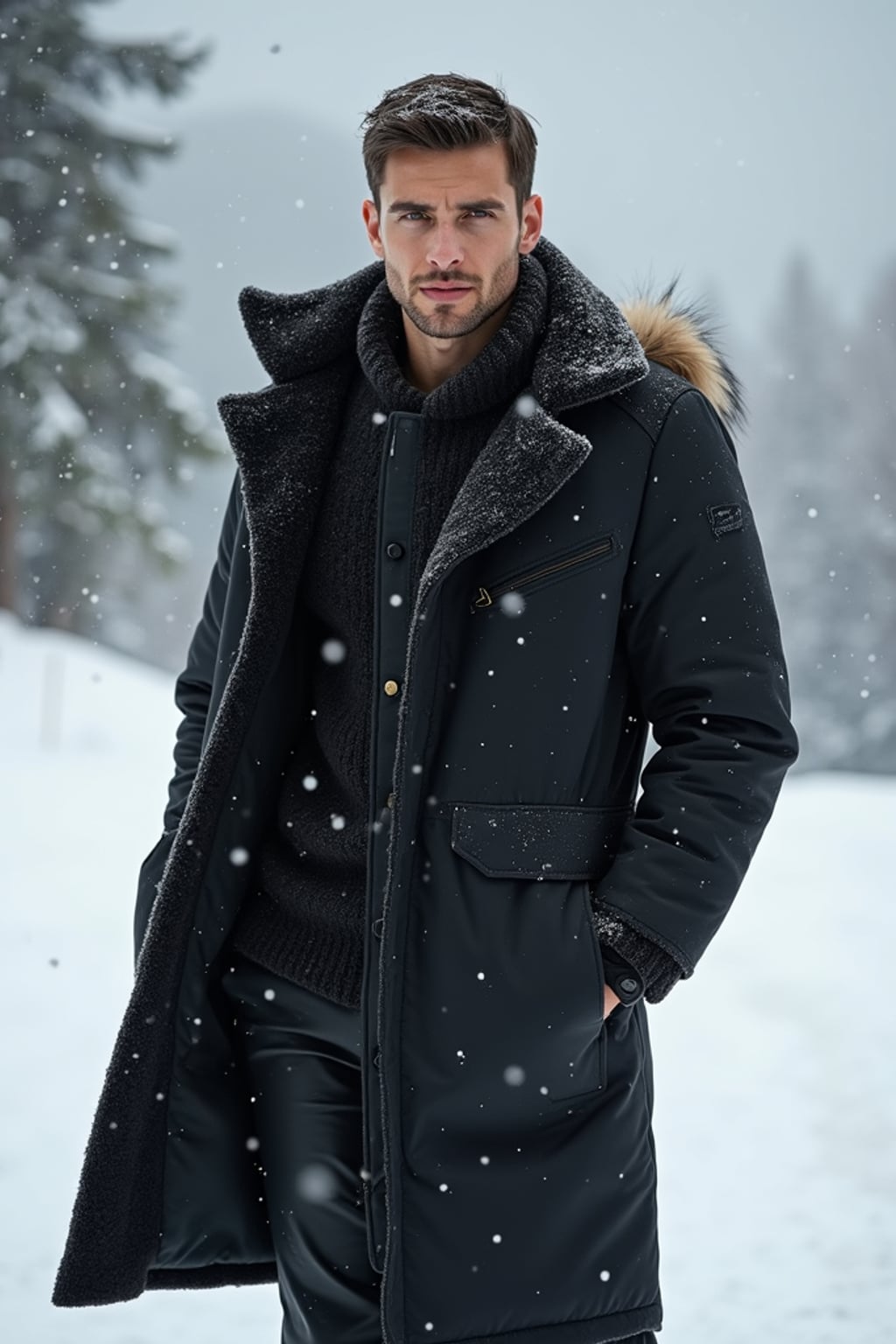 insanely beautiful man in a winter fashion editorial.  Wearing luxury cold-weather fashion, commanding stance. Snowy backdrop, winter fashion photography.