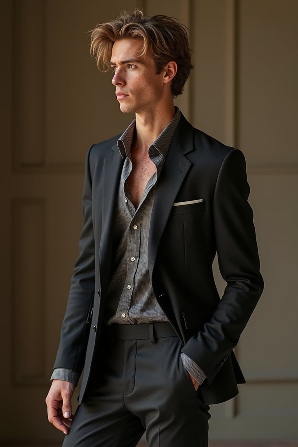 full body photo of insanely beautiful man with freckles in a luxury brand campaign.  Wearing premium fashion, elegant stance. Upscale environment, luxury photography.