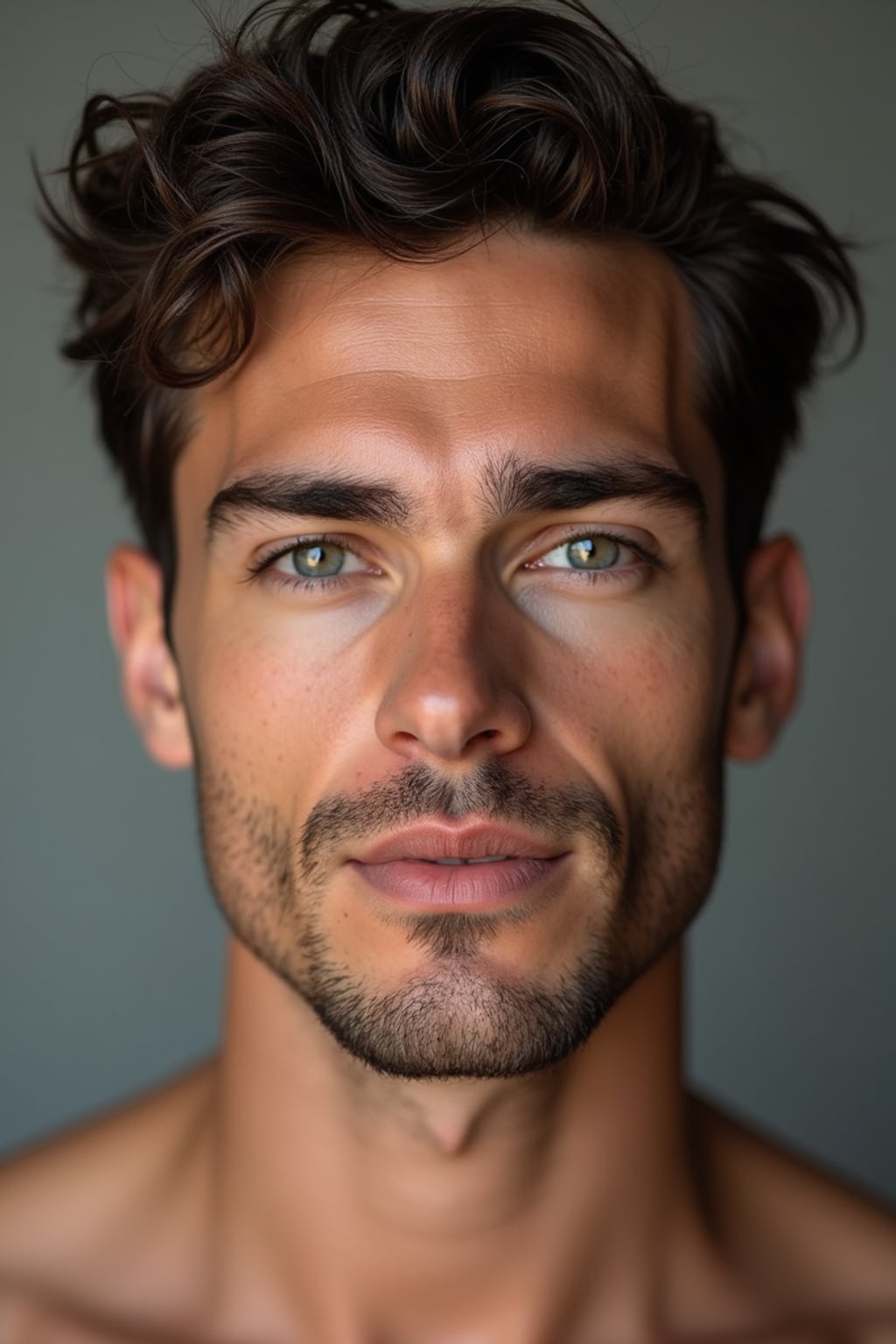 insanely beautiful man in a beauty campaign.  Groomed appearance, strong features. Clean studio lighting, beauty photography.