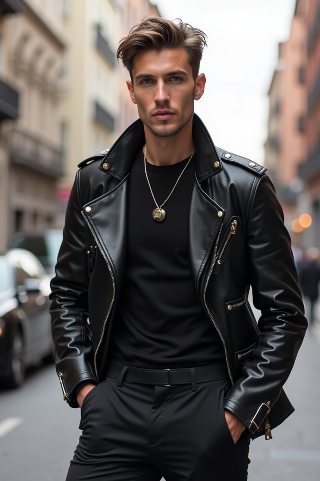 Fashion insanely beautiful man on location shoot.  Wearing fashion-forward outfit, strong presence. Urban backdrop, professional fashion photography.