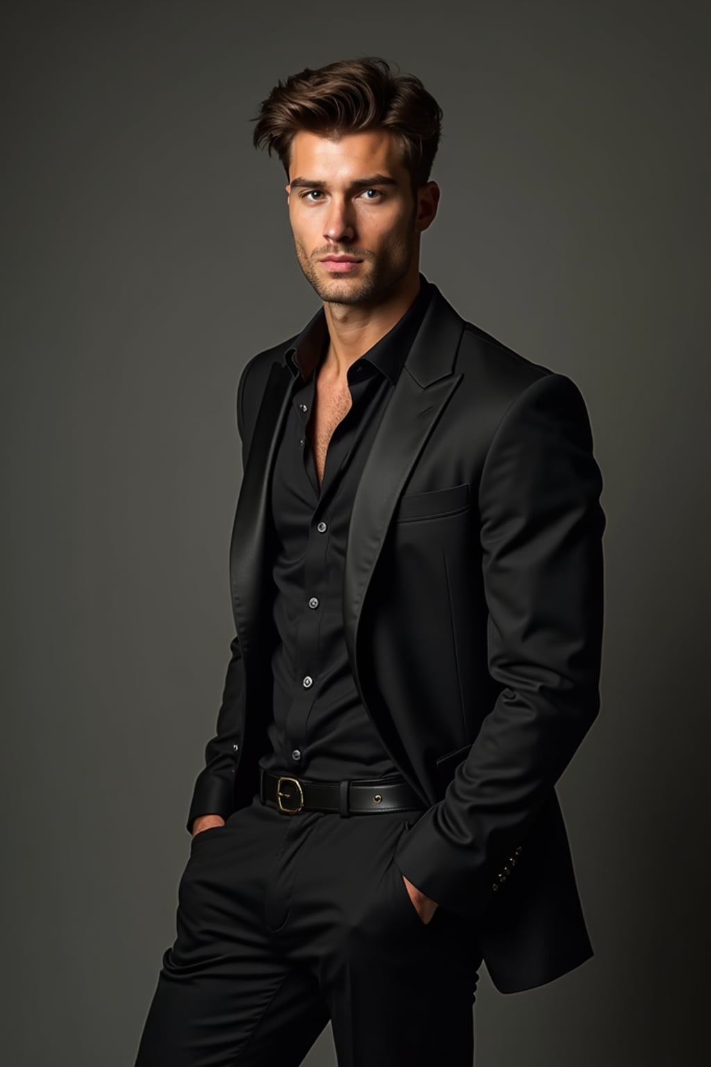 Professional fashion insanely beautiful man in a high-end studio.  Wearing luxury fashion, confident insanely beautiful man stance. Editorial lighting, fashion magazine quality.