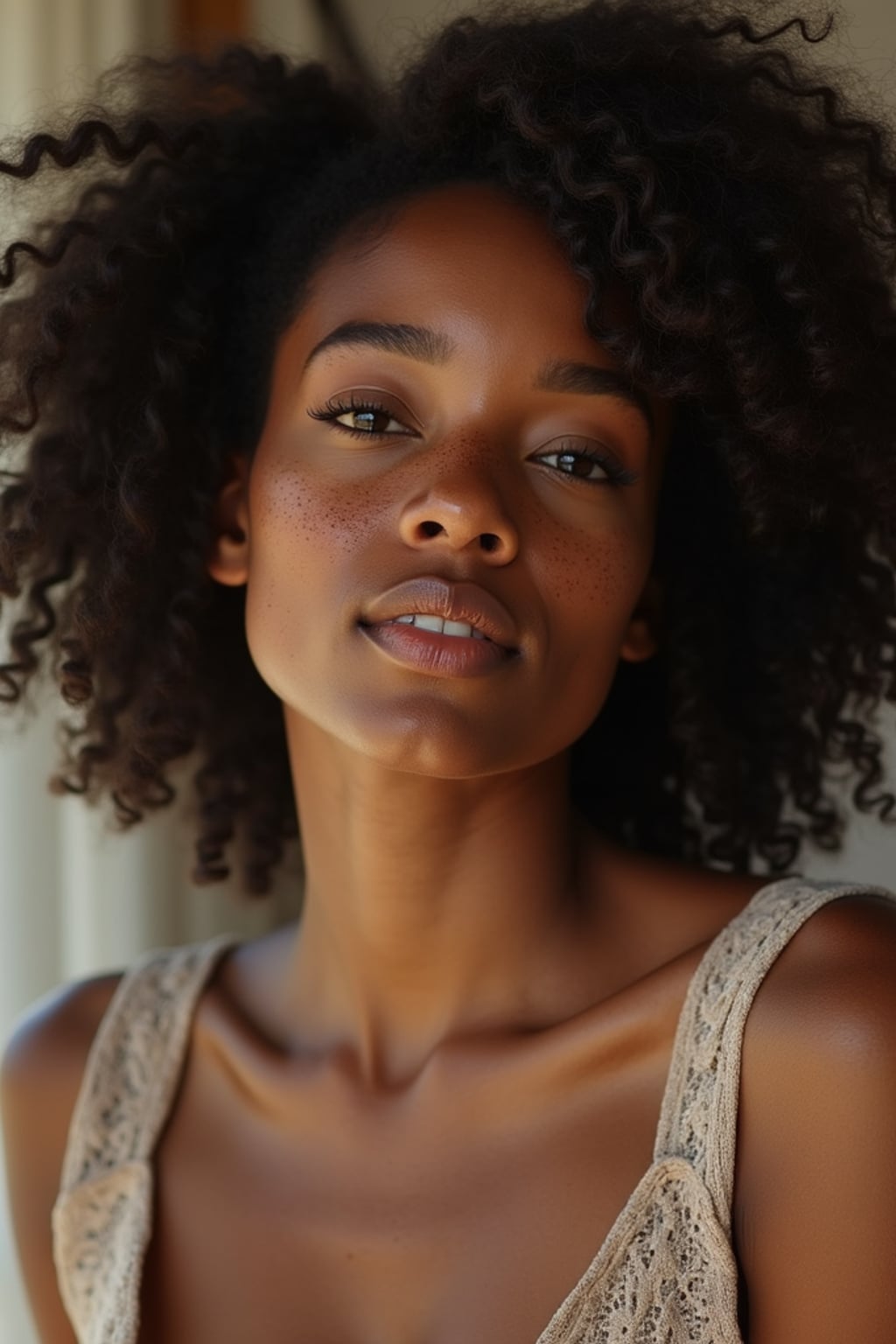 insanely beautiful woman with freckles in a commercial lifestyle shoot. Wearing everyday luxury, relatable pose . Lifestyle setting, commercial photography.