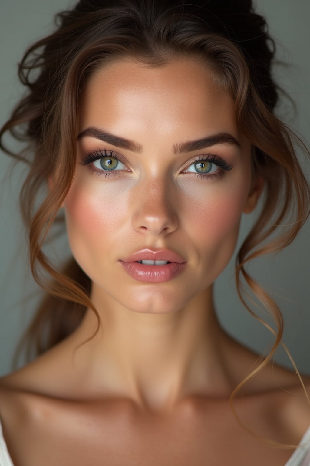 insanely beautiful woman in a beauty campaign. Flawless makeup, perfect skin, elegant expression . Clean studio lighting, beauty photography.