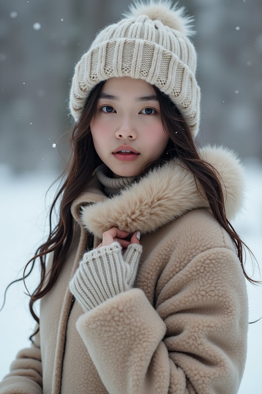 insanely beautiful woman in a winter fashion editorial. Wearing designer winter wear, seasonal pose . Snowy backdrop, winter fashion photography.