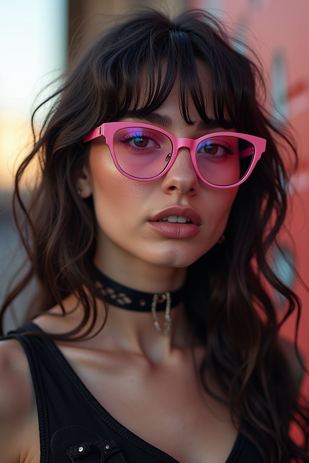 woman with alternative fashion, edgy attitude, street photography vibes. pink-tinted glasses, dark choker, expressive pose . tiktok and instagram style.
