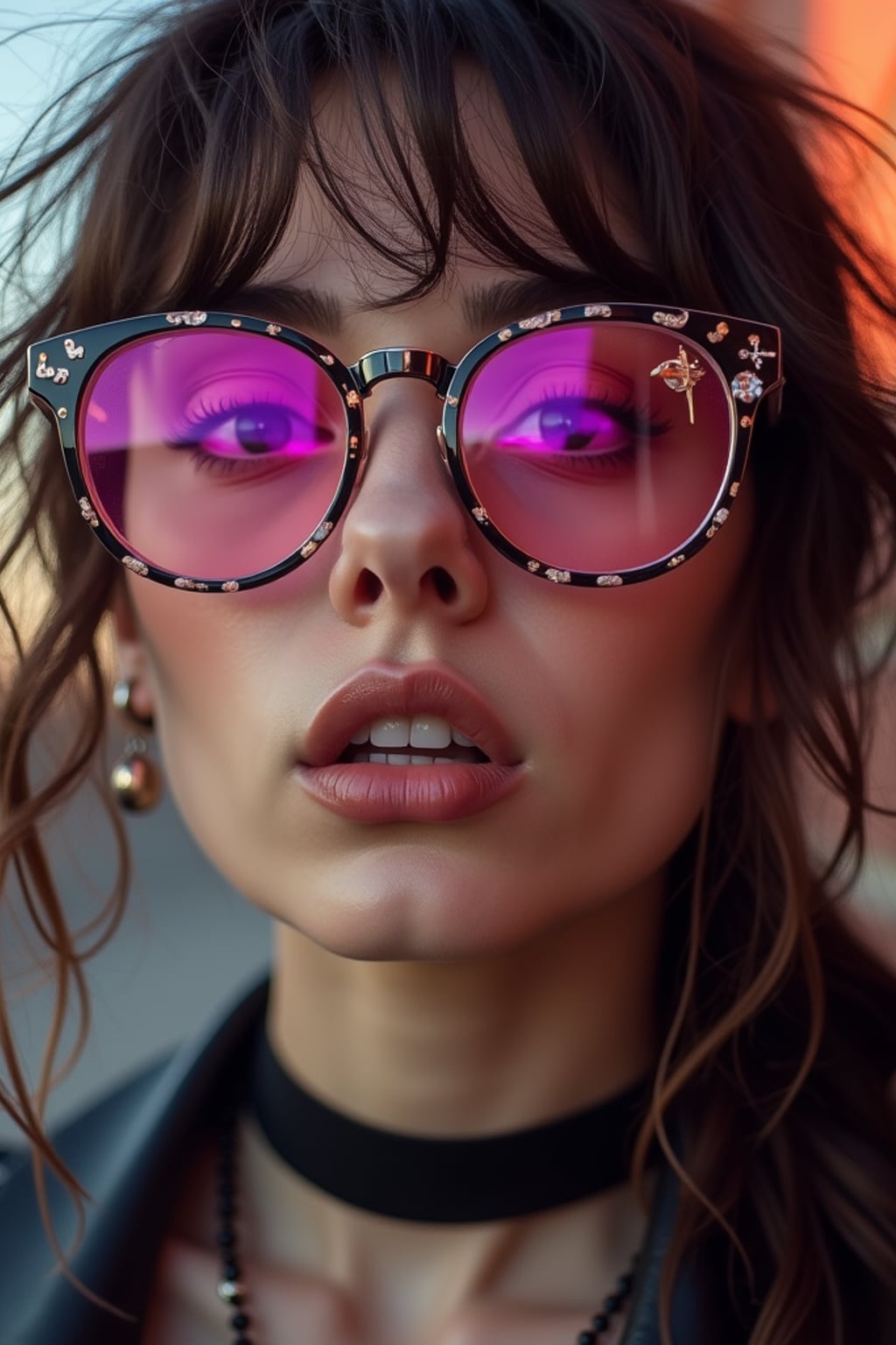woman with alternative fashion, edgy attitude, street photography vibes. pink-tinted glasses, dark choker, expressive pose . tiktok and instagram style.