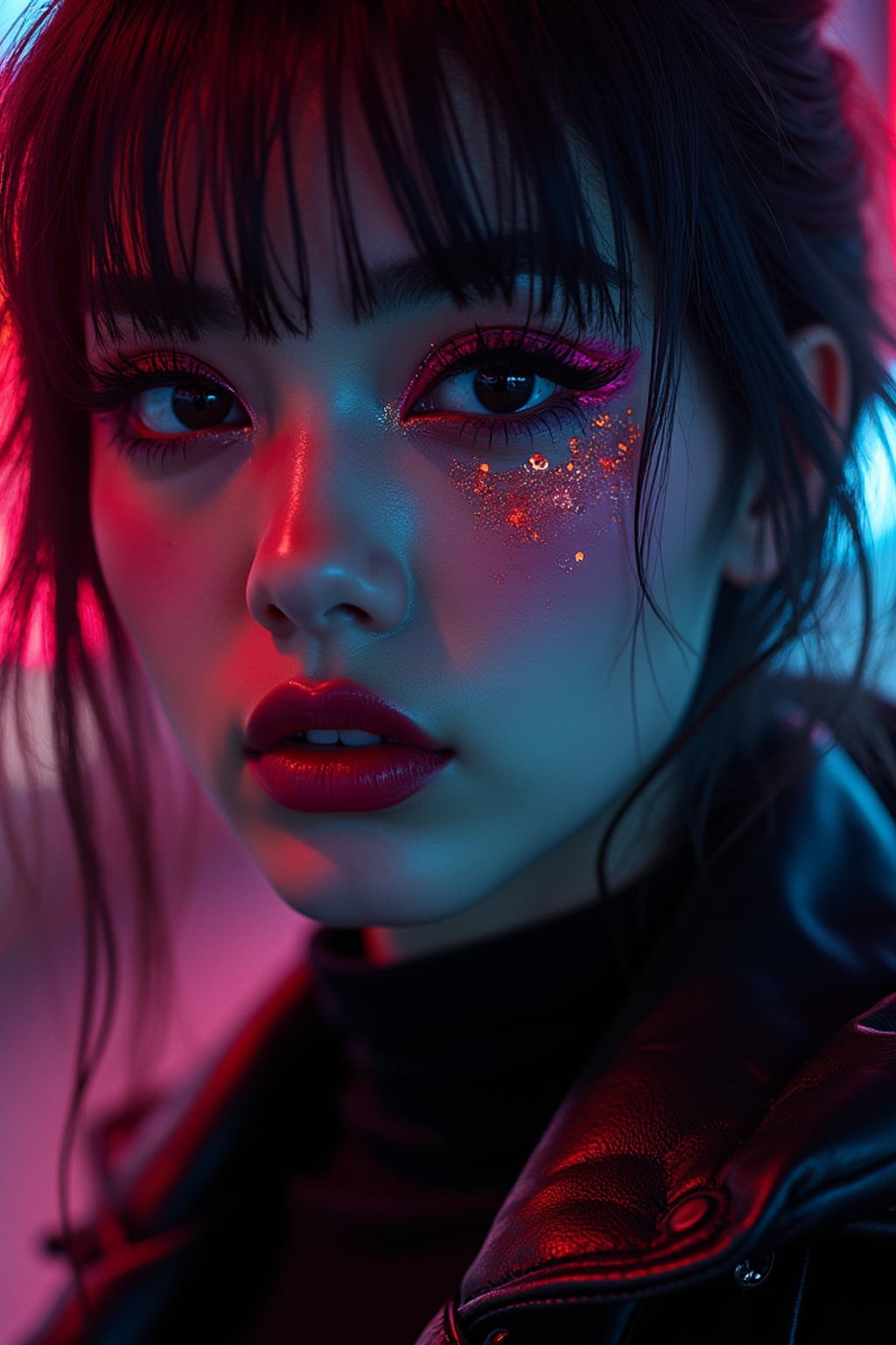 woman as a cyberpunk e-girl transformation. dark lipstick, neon eyeliner, futuristic fashion . tokyo street-style lighting.