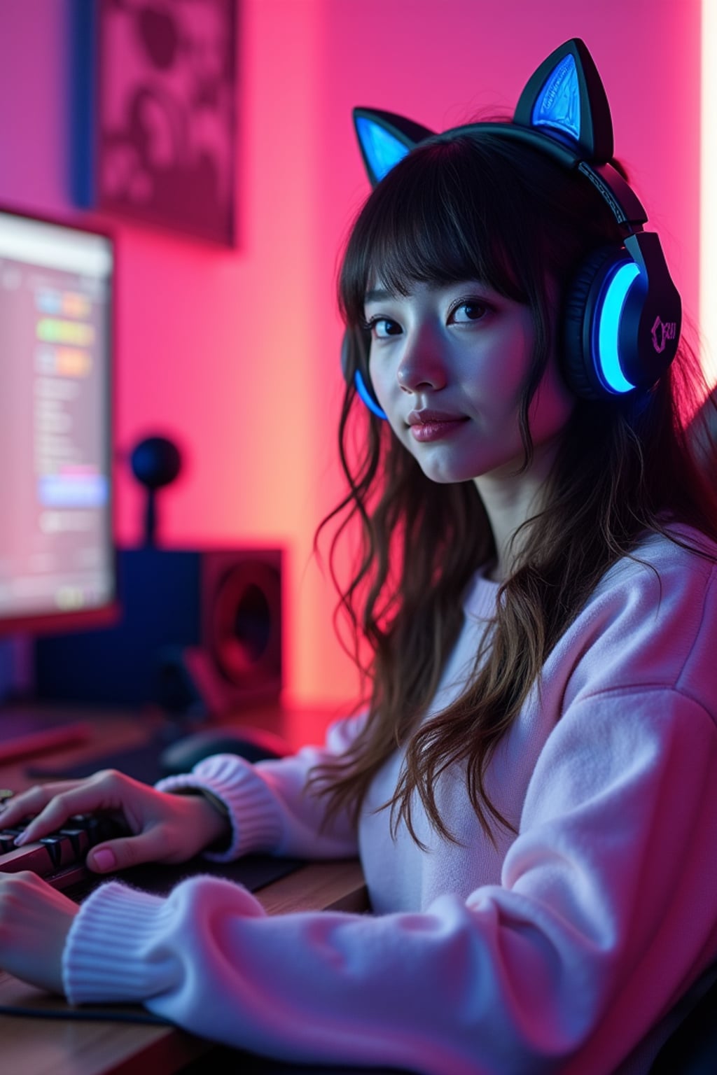 woman as a gaming e-girl photoshoot. cat ear headphones, neon-lit gaming room, pastel sweater . streaming setup aesthetic.