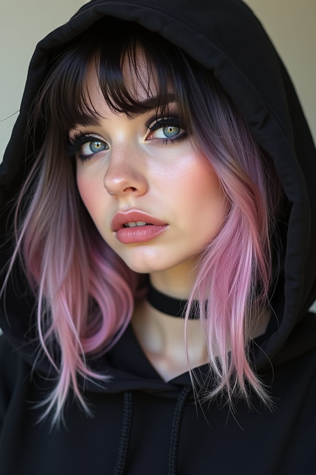 woman as an e-girl. wearing a black oversized hoodie, choker necklace, heavy winged eyeliner, split-dyed pastel pink and black hair . edgy alternative fashion, tiktok aesthetic.