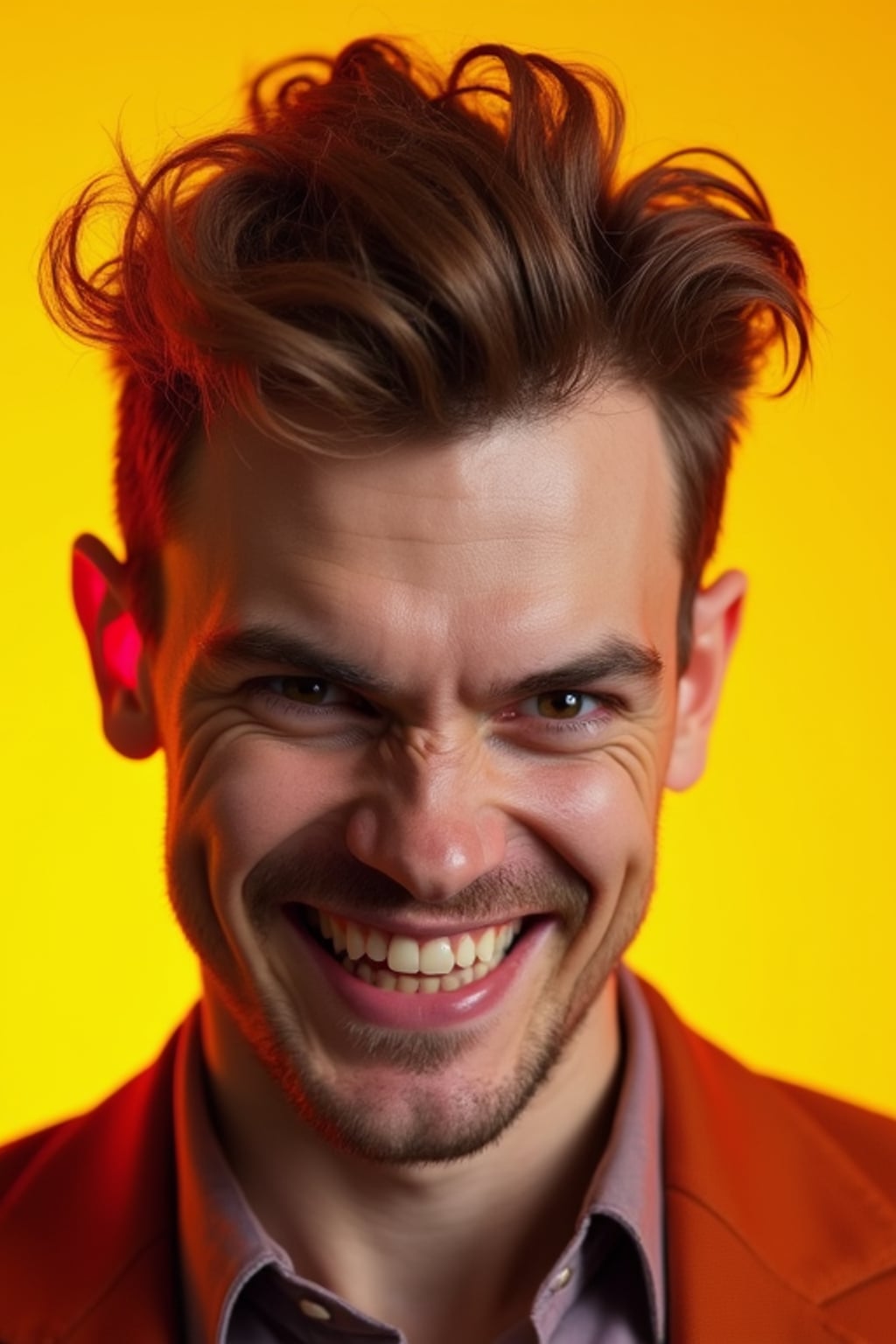 the image is a vibrant and colorful thumbnail, typically used for a youtube video. man with evil grin and mischievous look, bright plain gold background