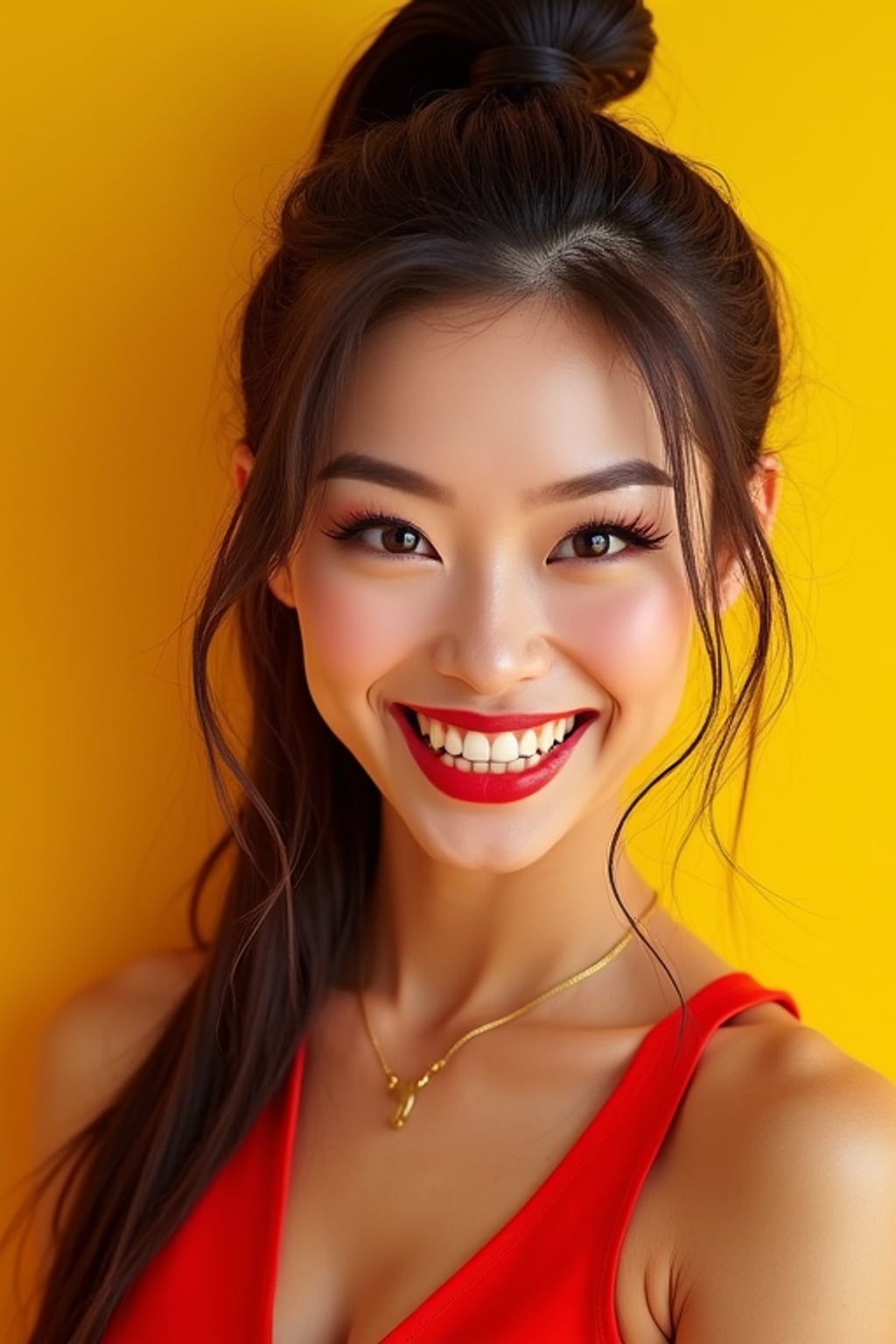 the image is a vibrant and colorful thumbnail, typically used for a youtube video. woman with evil grin and mischievous look, bright plain gold background