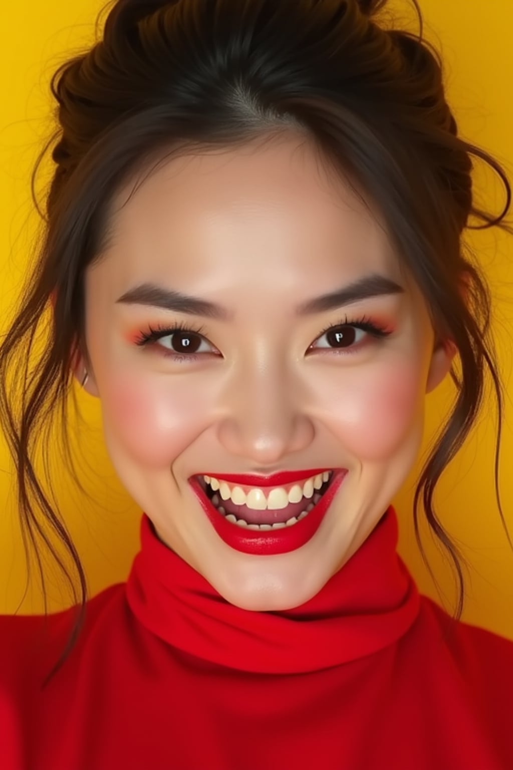the image is a vibrant and colorful thumbnail, typically used for a youtube video. woman with evil grin and mischievous look, bright plain gold background