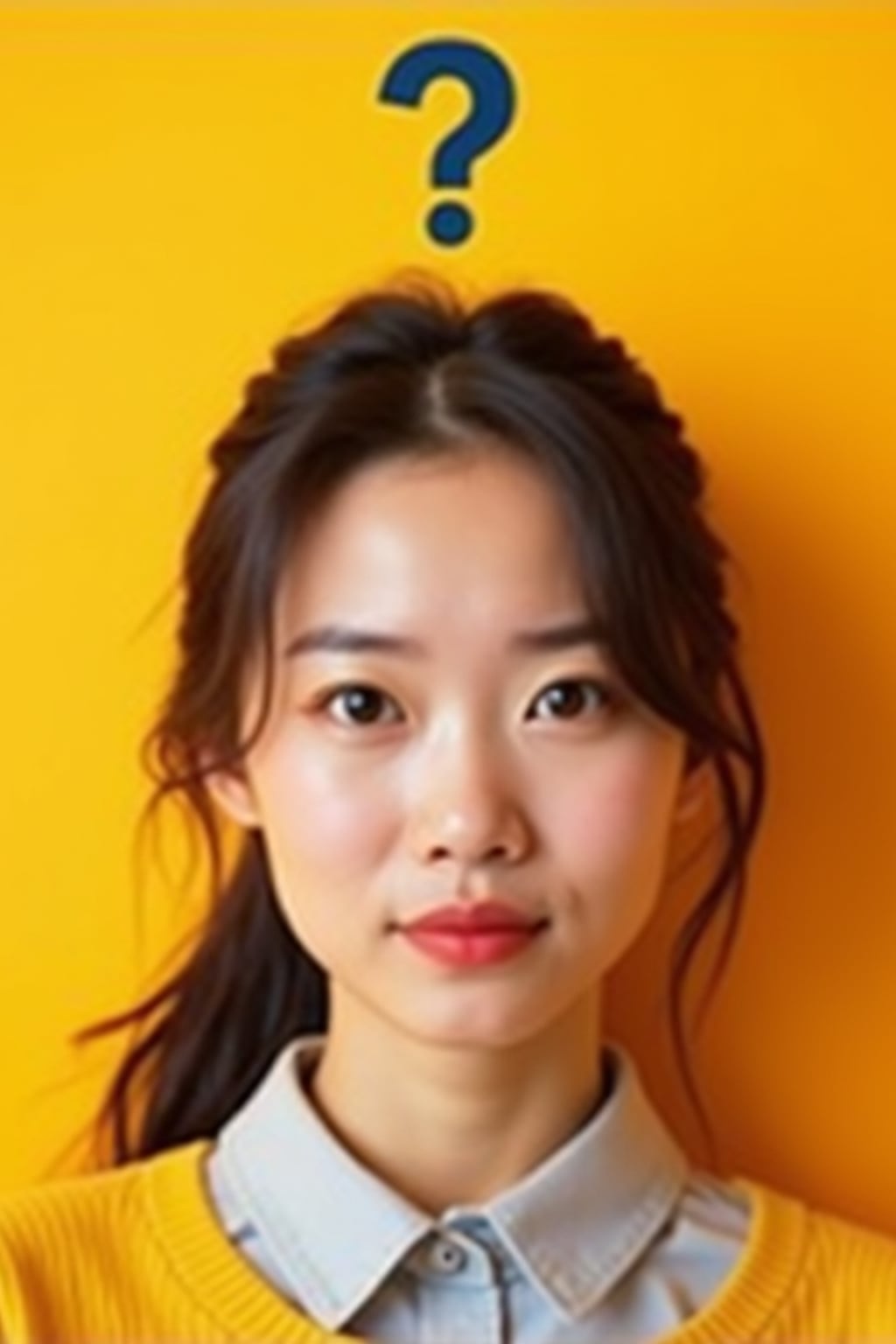 the image is a vibrant and colorful thumbnail, typically used for a youtube video. woman with confused puzzled expression, question mark above head, bright plain brown background
