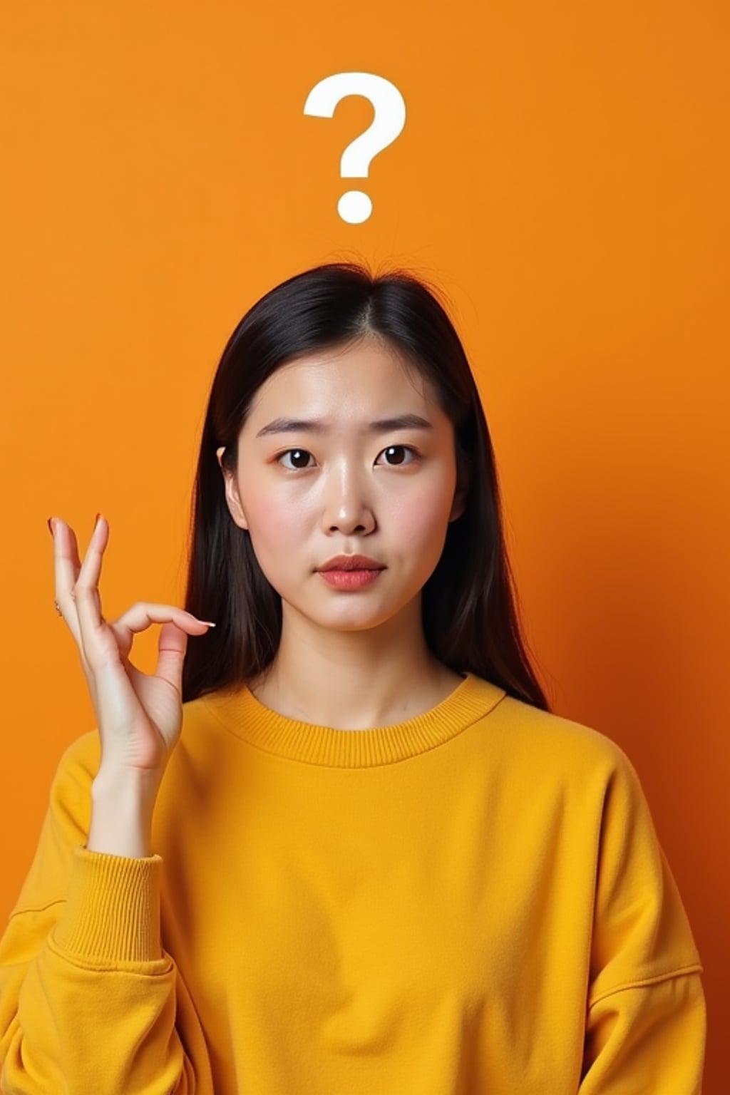 the image is a vibrant and colorful thumbnail, typically used for a youtube video. woman with confused puzzled expression, question mark above head, bright plain brown background
