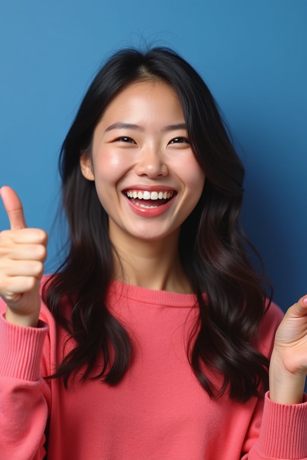 the image is a vibrant and colorful thumbnail, typically used for a youtube video. woman with wide smile and thumbs up, positive reaction, bright plain indigo background