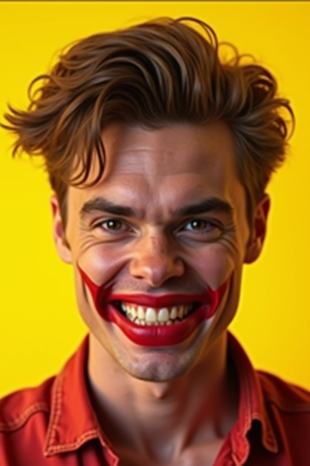 the image is a vibrant and colorful thumbnail, typically used for a youtube video. man with evil grin and mischievous look, bright plain gold background