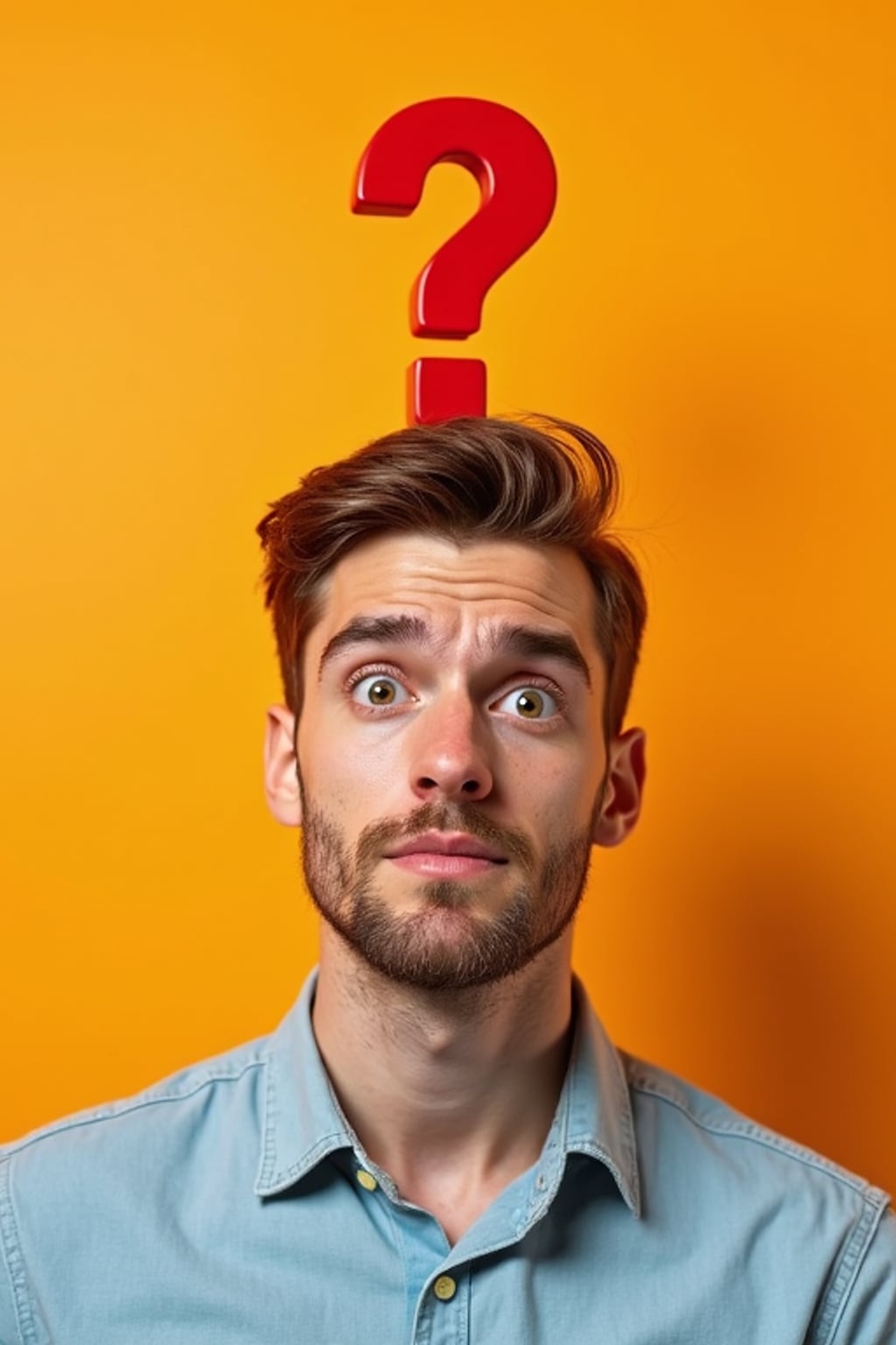 the image is a vibrant and colorful thumbnail, typically used for a youtube video. man with confused puzzled expression, question mark above head, bright plain brown background
