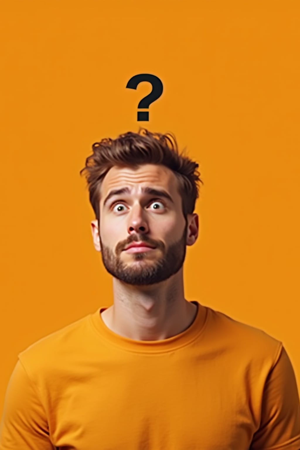 the image is a vibrant and colorful thumbnail, typically used for a youtube video. man with confused puzzled expression, question mark above head, bright plain brown background