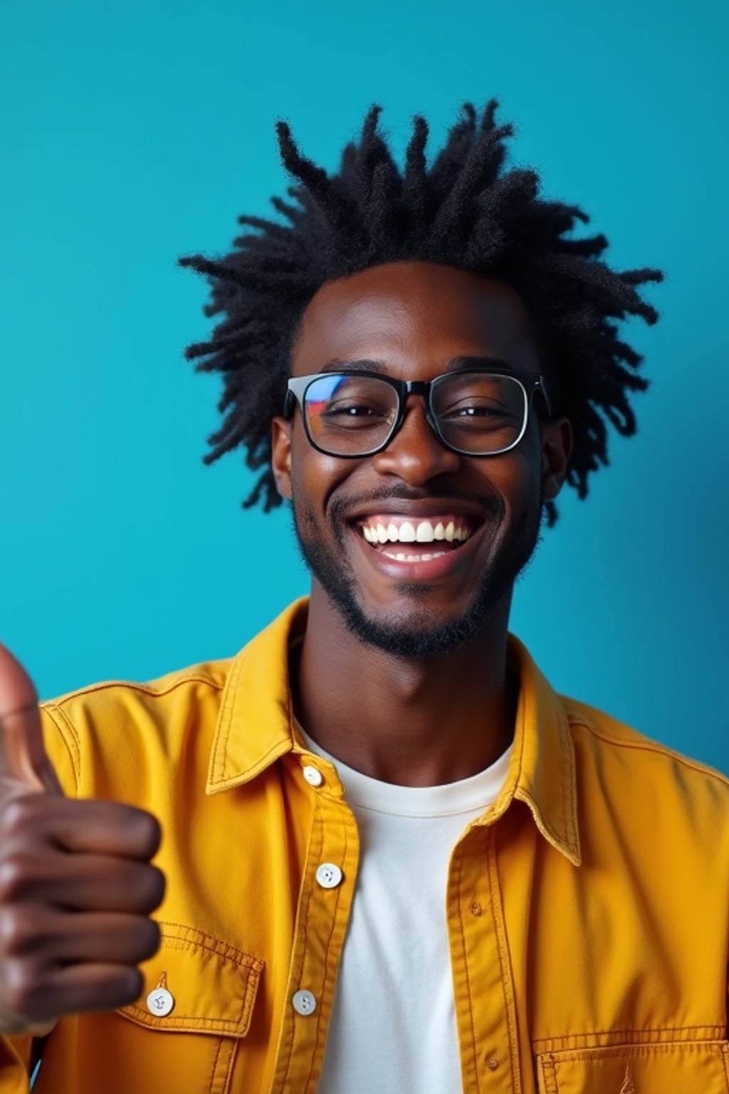 the image is a vibrant and colorful thumbnail, typically used for a youtube video. man with wide smile and thumbs up, positive reaction, bright plain indigo background