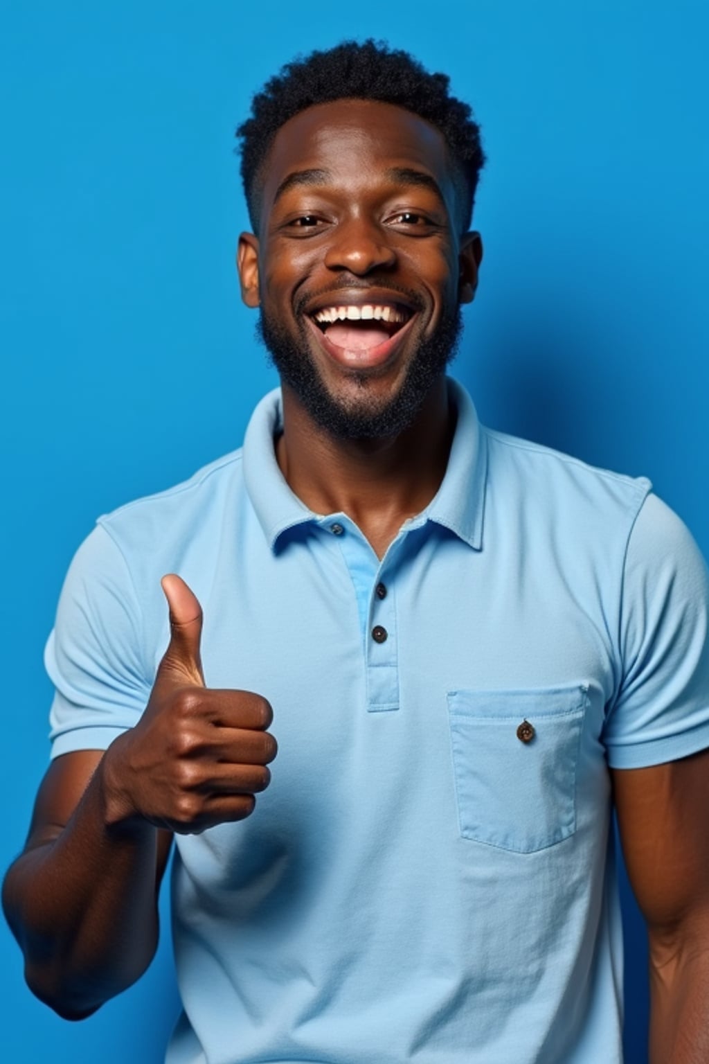 the image is a vibrant and colorful thumbnail, typically used for a youtube video. man with wide smile and thumbs up, positive reaction, bright plain indigo background