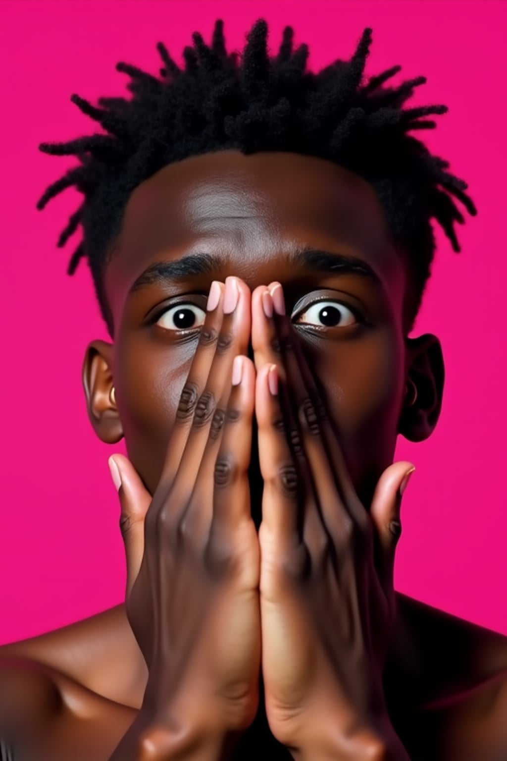 the image is a vibrant and colorful thumbnail, typically used for a youtube video. man with hands covering mouth in shock, bright plain magenta background