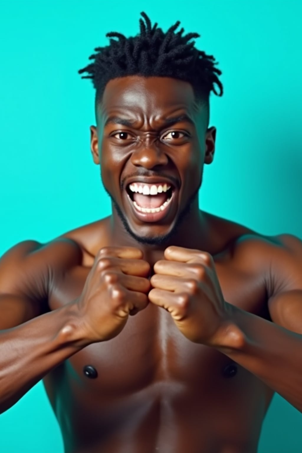 the image is a vibrant and colorful thumbnail, typically used for a youtube video. man with clenched fists and angry face, bright plain cyan background